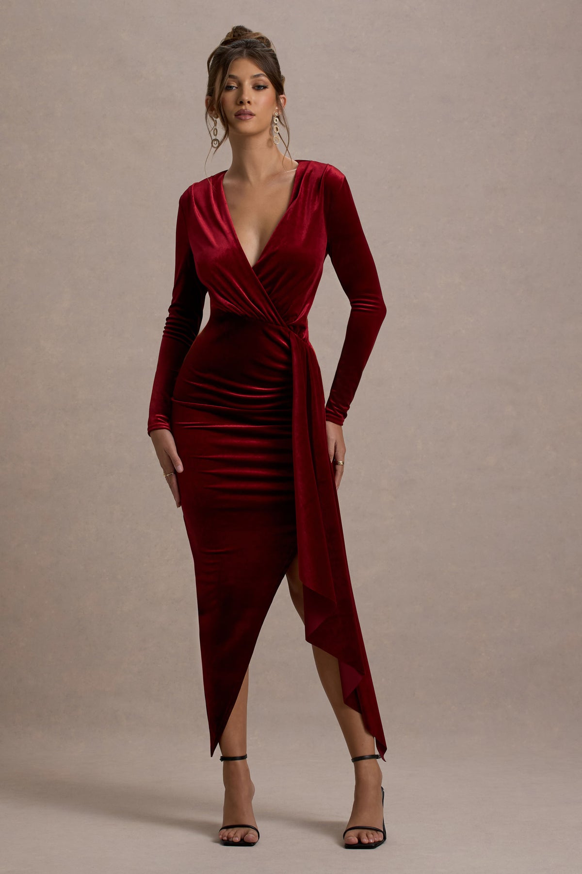 Arcadia Berry Velvet Plunge-Neck Wrap Midi Dress Club L London - USA Arcadia Berry Velvet Plunge-Neck Wrap Midi Dress Club L London - USA