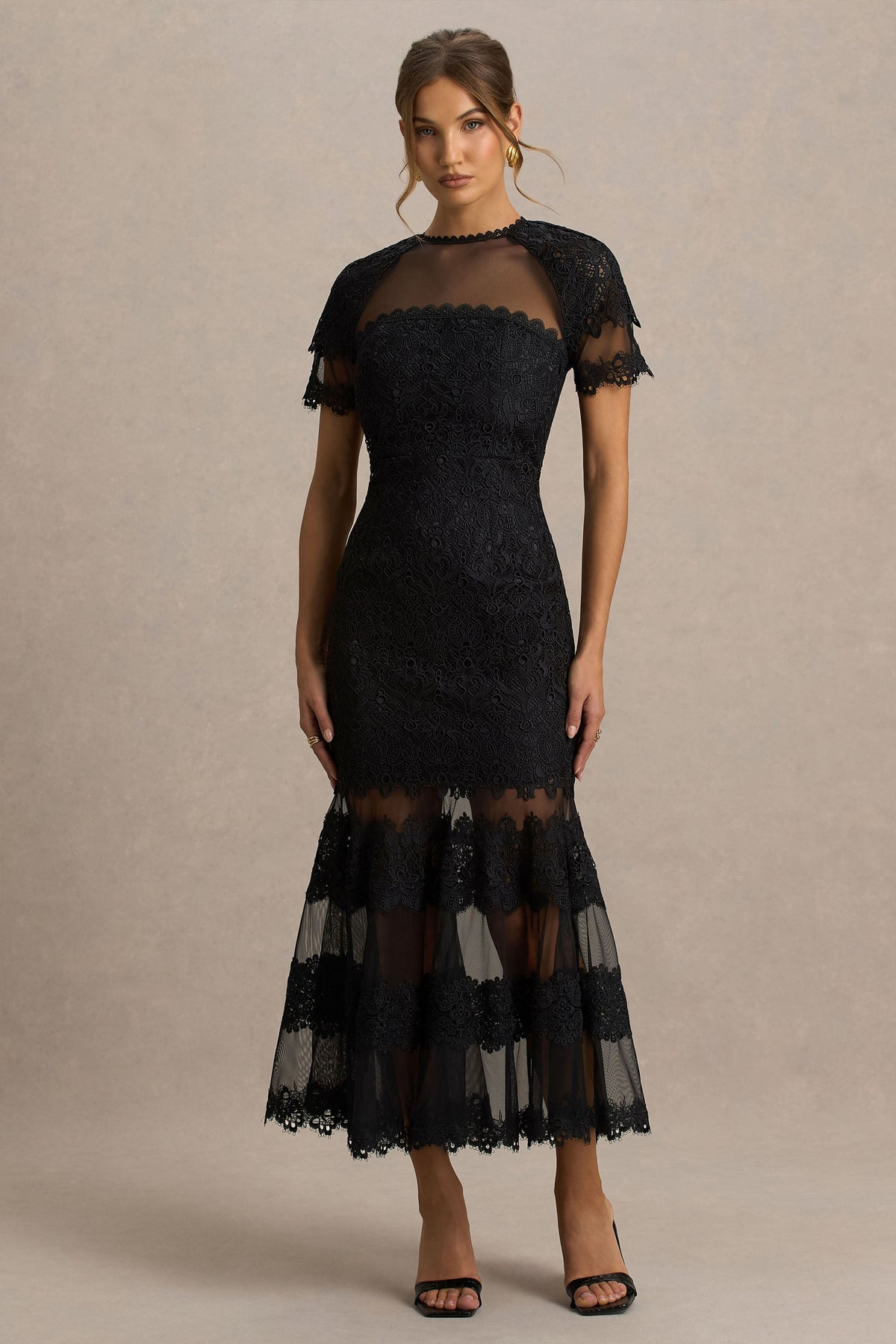 Leanne Black Mesh And Lace Crew-Neck Fishtail Midi Dress Club L London - USA Leanne Black Mesh And Lace Crew-Neck Fishtail Midi Dress Club L London - USA