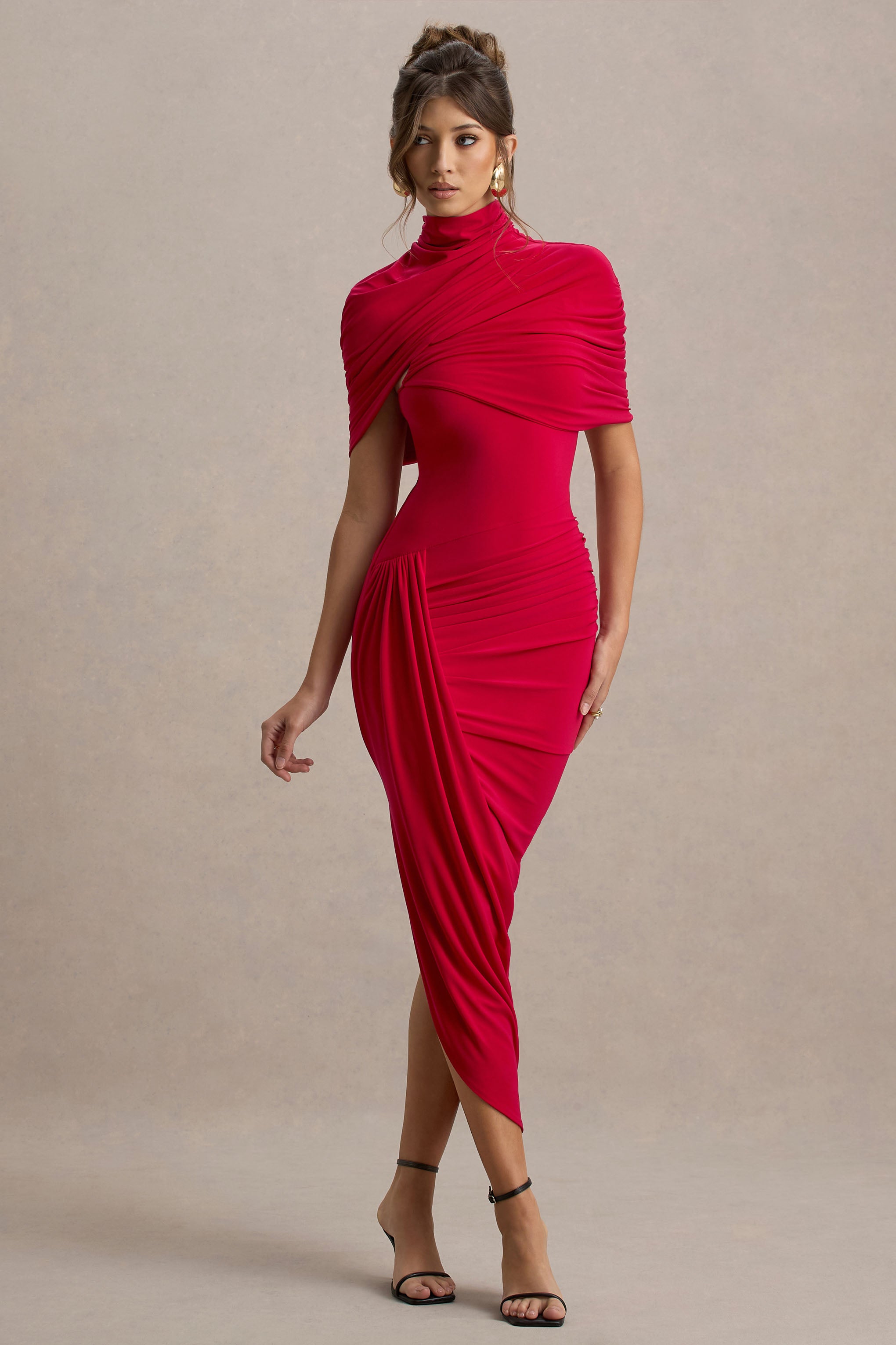 Enchant | Red Asymmetric Twisted Cape Midi Dress – Club L London - USA