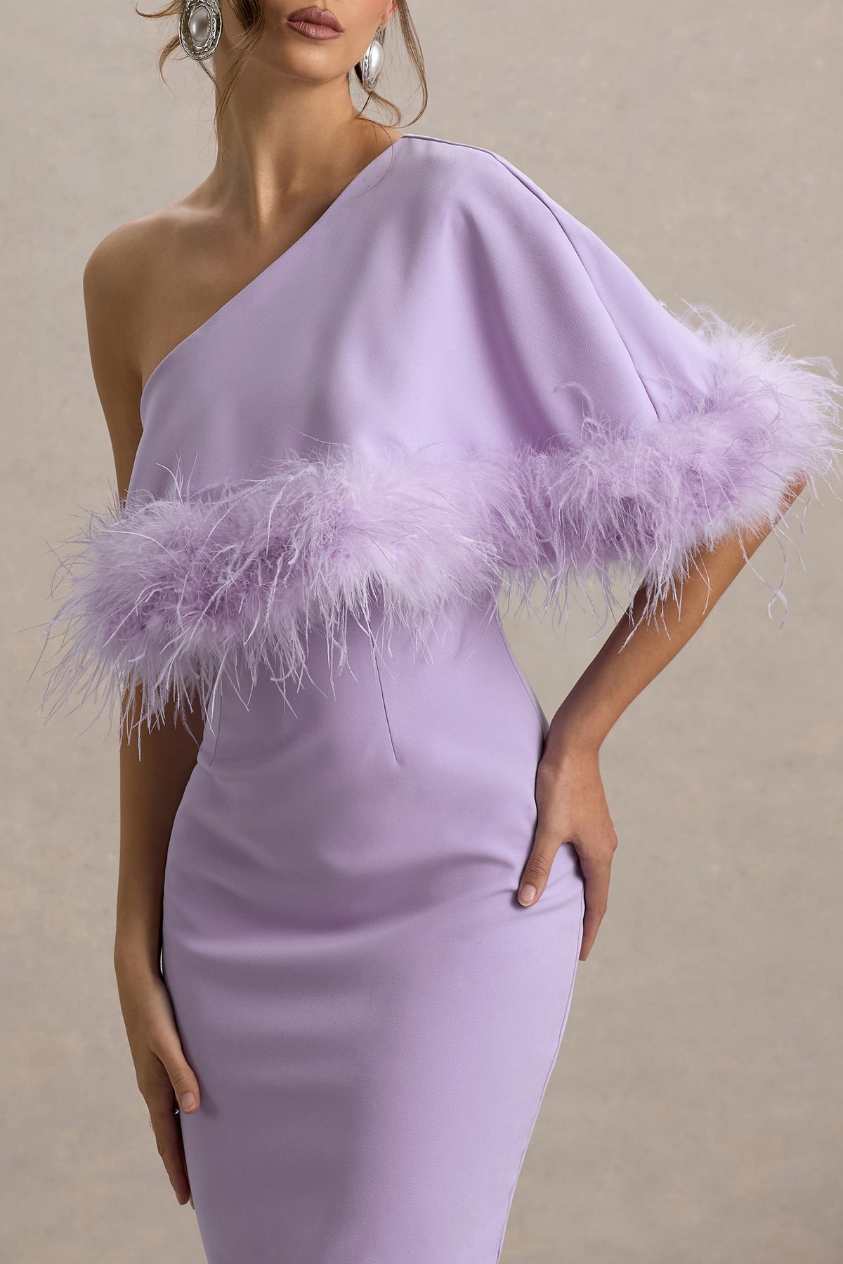 Victory Lilac One Shoulder Midi Dress With Feather Trim Club L London - USA Victory Lilac One Shoulder Midi Dress With Feather Trim Club L London - USA