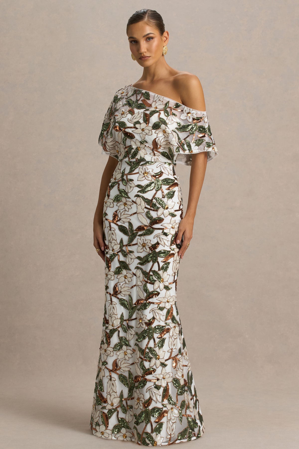 Iony White And Green Embellished Sequin Floral And Mesh Asymmetric-N Club L London - USA Iony White And Green Embellished Sequin Floral And Mesh Asymmetric-N Club L London - USA