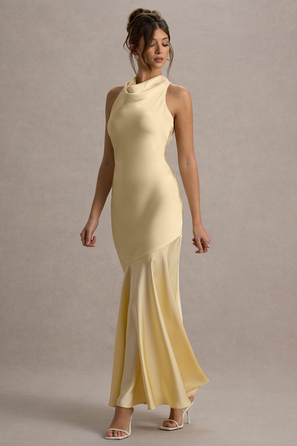 Amelita | Lemon Satin Cowl-Neck Maxi Dress - UK 16 Lemon Amelita | Lemon Satin Cowl-Neck Maxi Dress - UK 16 Lemon