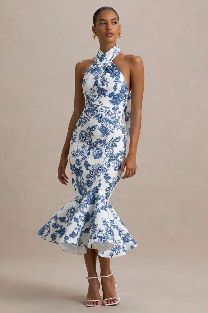 【BAON】Ralna Seersucker Shirring Flare Midi One Piece Porcelain Print Leather Straps One Piece Swimsuit and Sarong