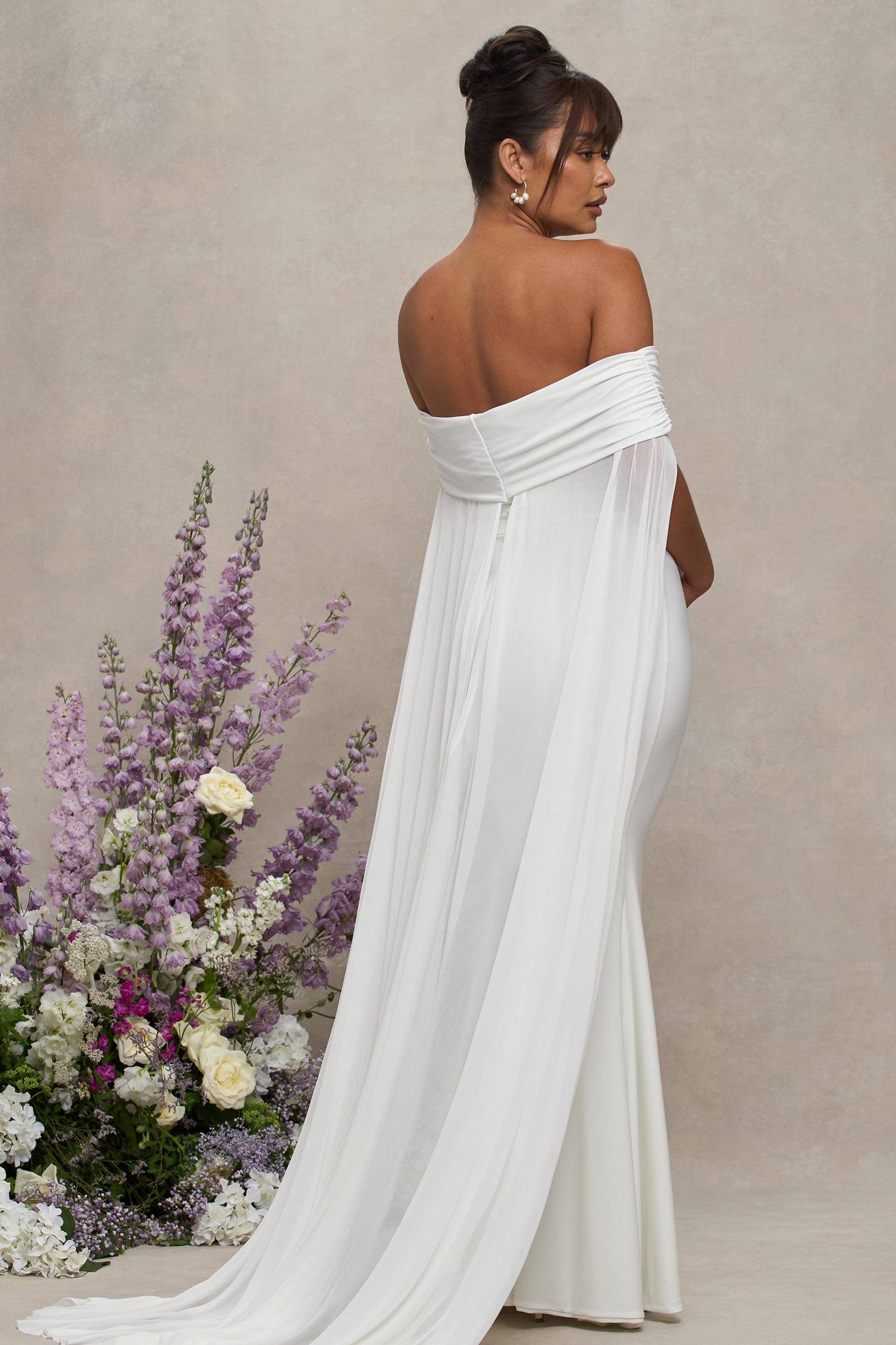 club london carlotta dress Carlotta | White Bardot Maternity Maxi Dress With Chiffon Cape