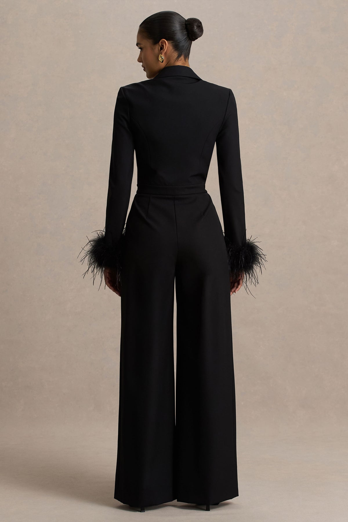 Lissy Black Plunge-Neck Jumpsuit With Feather-Detailed Sleeves Club L London - USA Lissy Black Plunge-Neck Jumpsuit With Feather-Detailed Sleeves Club L London - USA