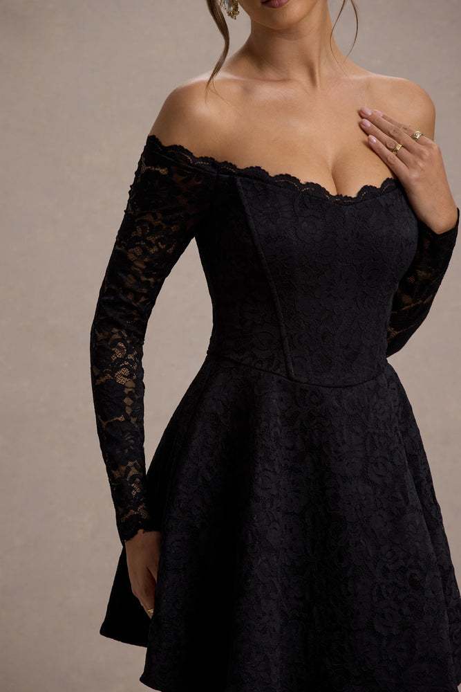 Alliste Black Lace Bardot Mini Dress – Club L London - USA Alliste Black Lace Bardot Mini Dress – Club L London - USA