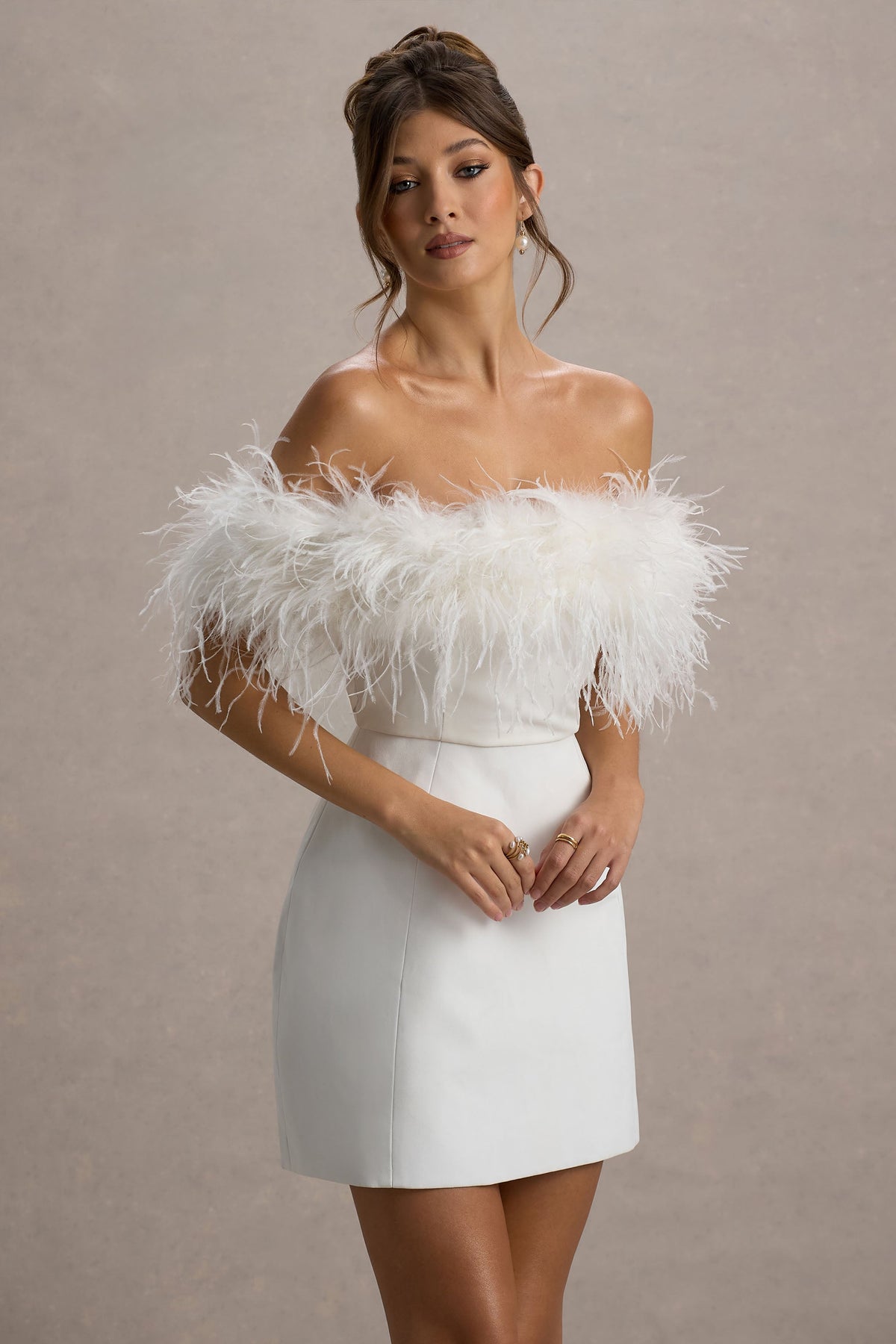Palace White Bardot Mini Dress With Feather Trim Club L London - USA Palace White Bardot Mini Dress With Feather Trim Club L London - USA