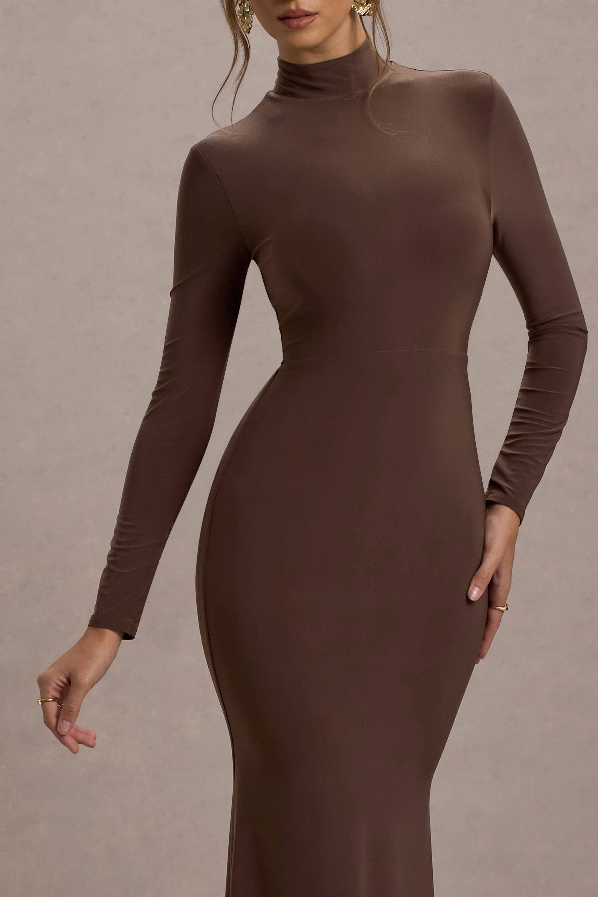 Tova | Chocolate High-Neck Long-Sleeve Maxi Dress - Club L London - USA