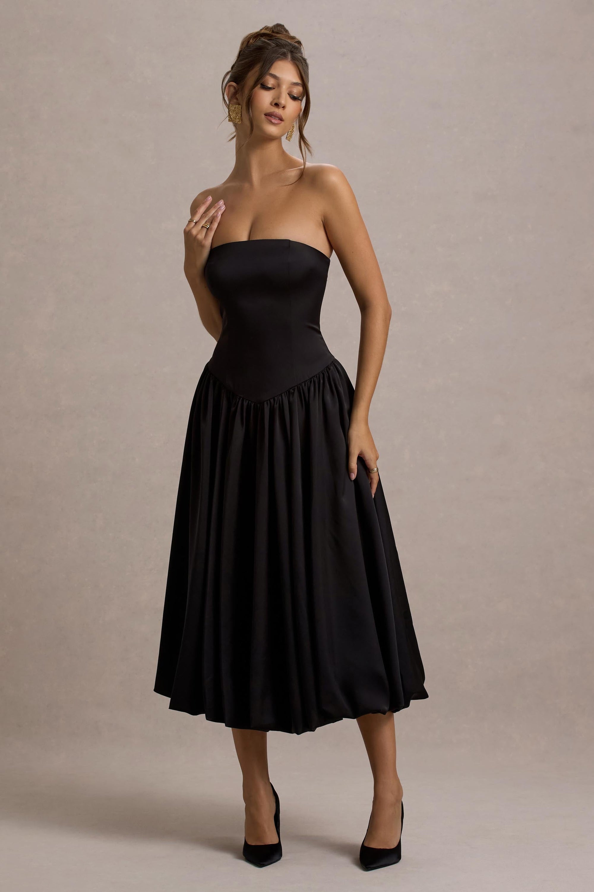 black strapless satin midi dress Women's Strapless Structured Bodice Satin Midi Dress, Black