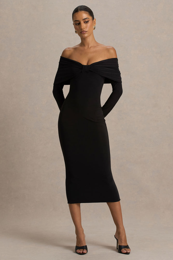 Spark | Black Bardot-Neck Midi Dress with Bow Detail