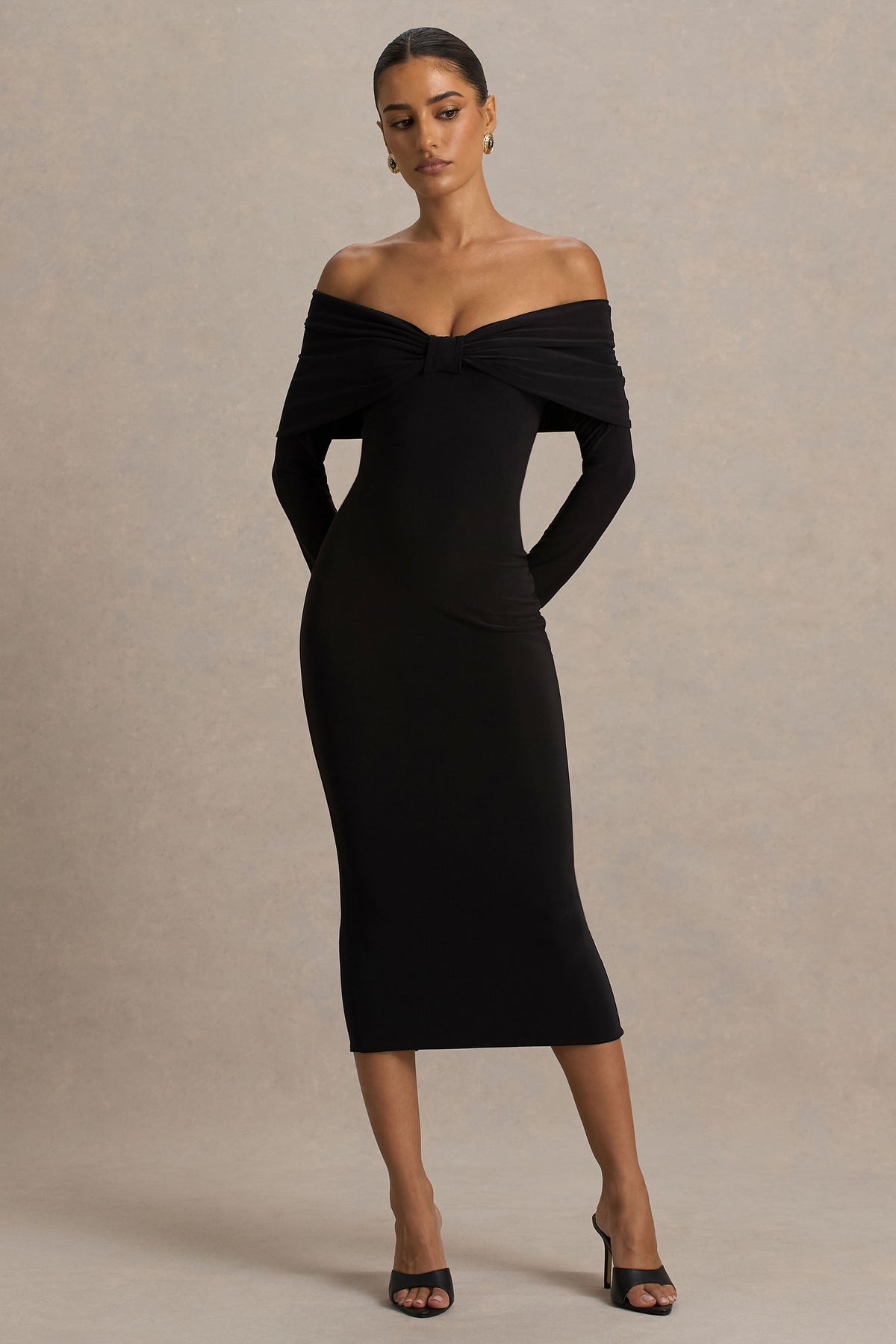 Spark | Black Bardot-Neck Midi Dress With Bow Detail - UK 6 Black Spark | Black Bardot-Neck Midi Dress With Bow Detail - UK 6 Black