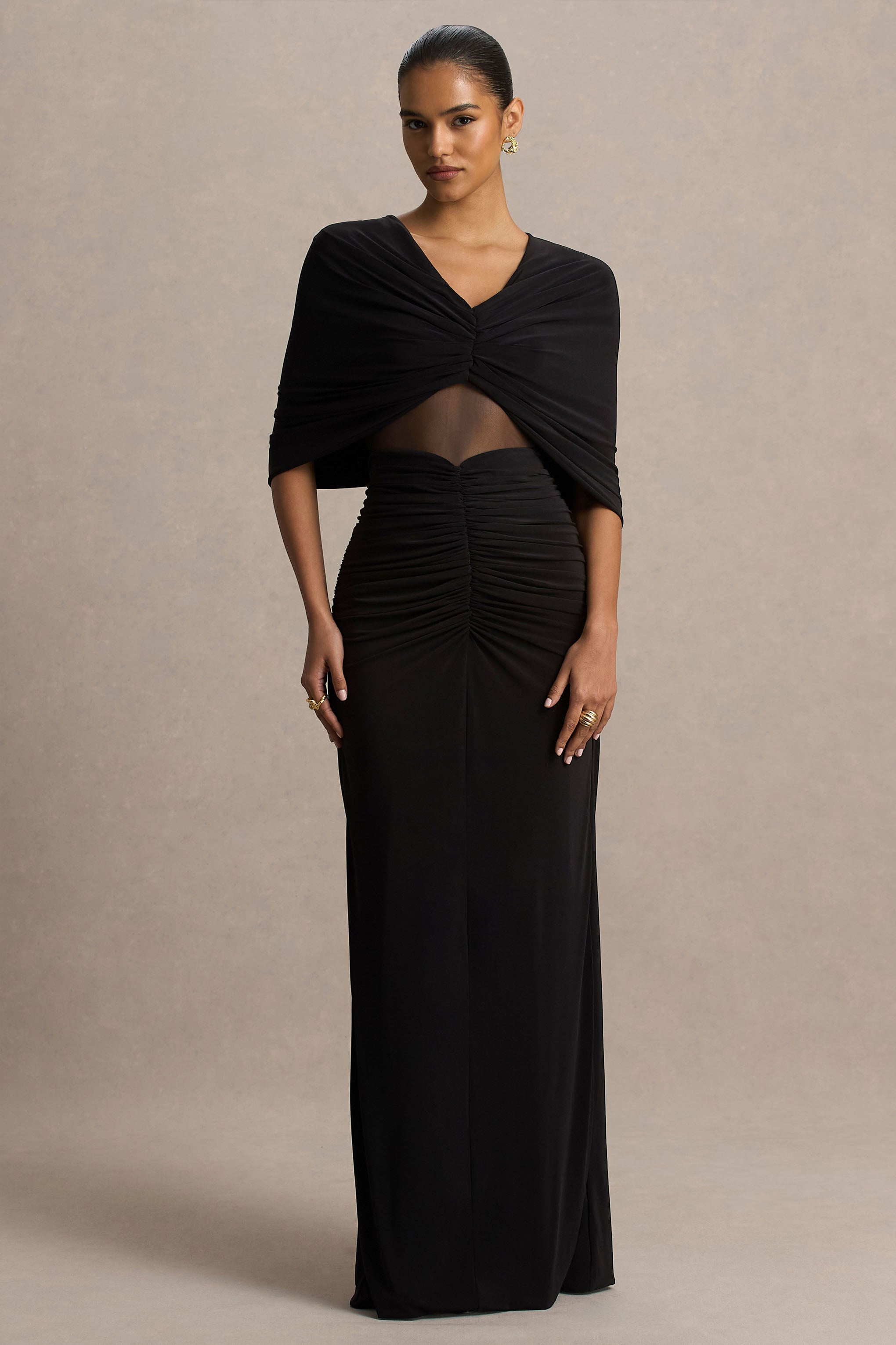 Zinnie | Black Cape-Sleeve Maxi Dress With Mesh Panel – Club L