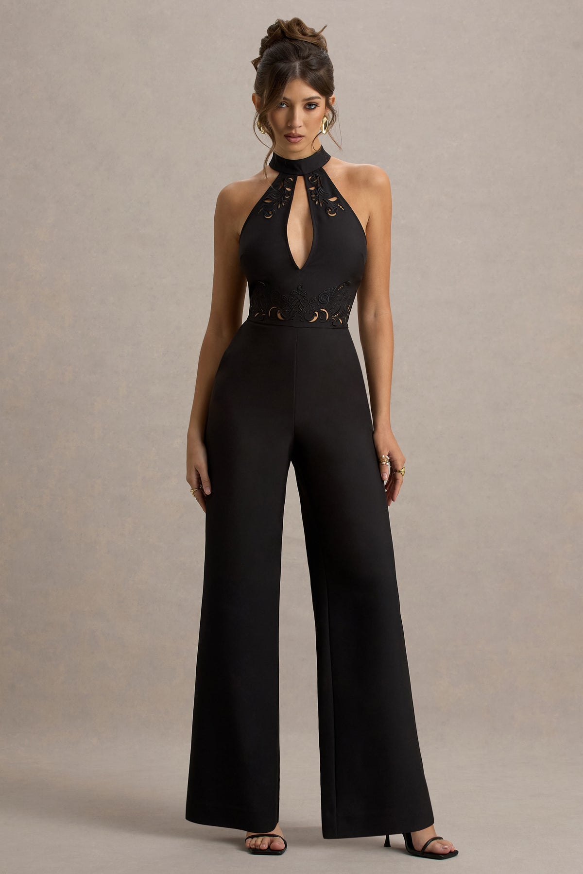 Kami Black High-Neck Embroidered Jumpsuit – Club L London - USA Kami Black High-Neck Embroidered Jumpsuit – Club L London - USA