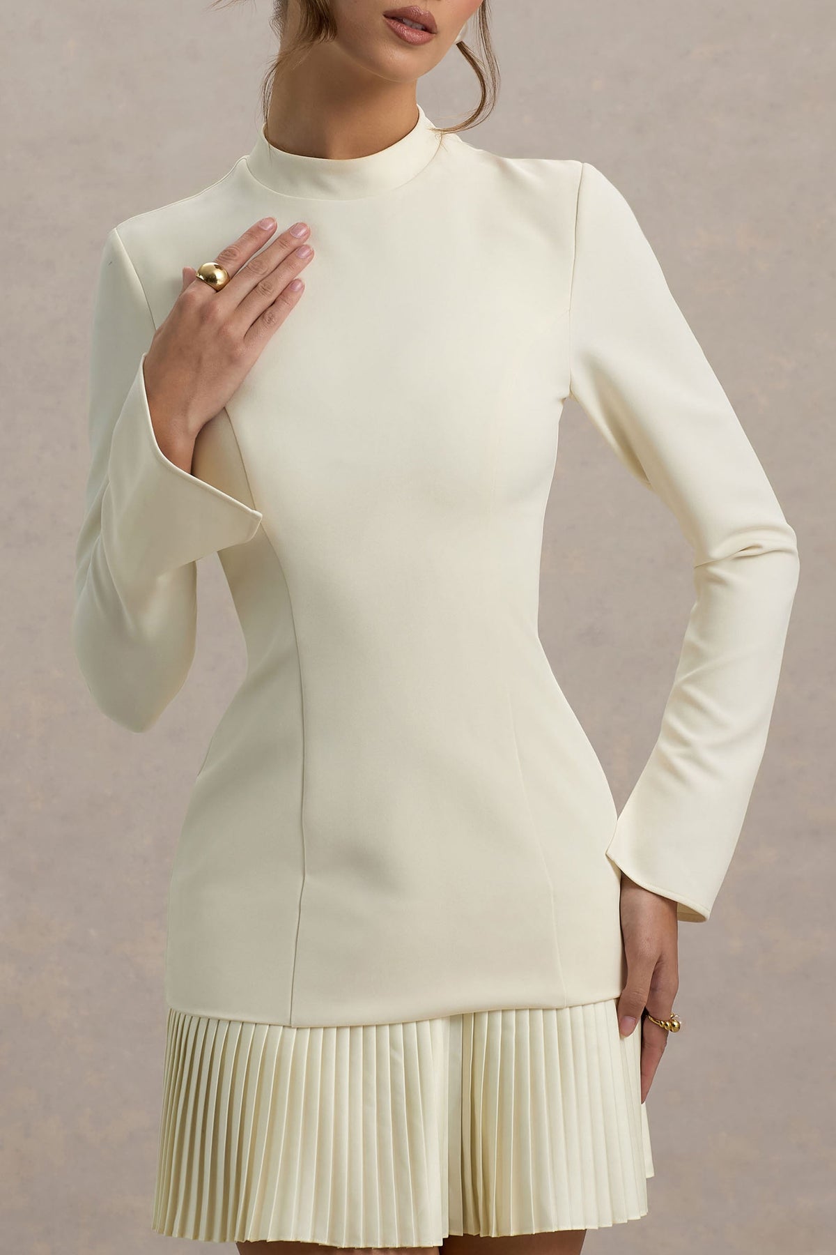 Athena Cream Long-Sleeve Mini Dress With Pleated Hem Club L London - USA Athena Cream Long-Sleeve Mini Dress With Pleated Hem Club L London - USA