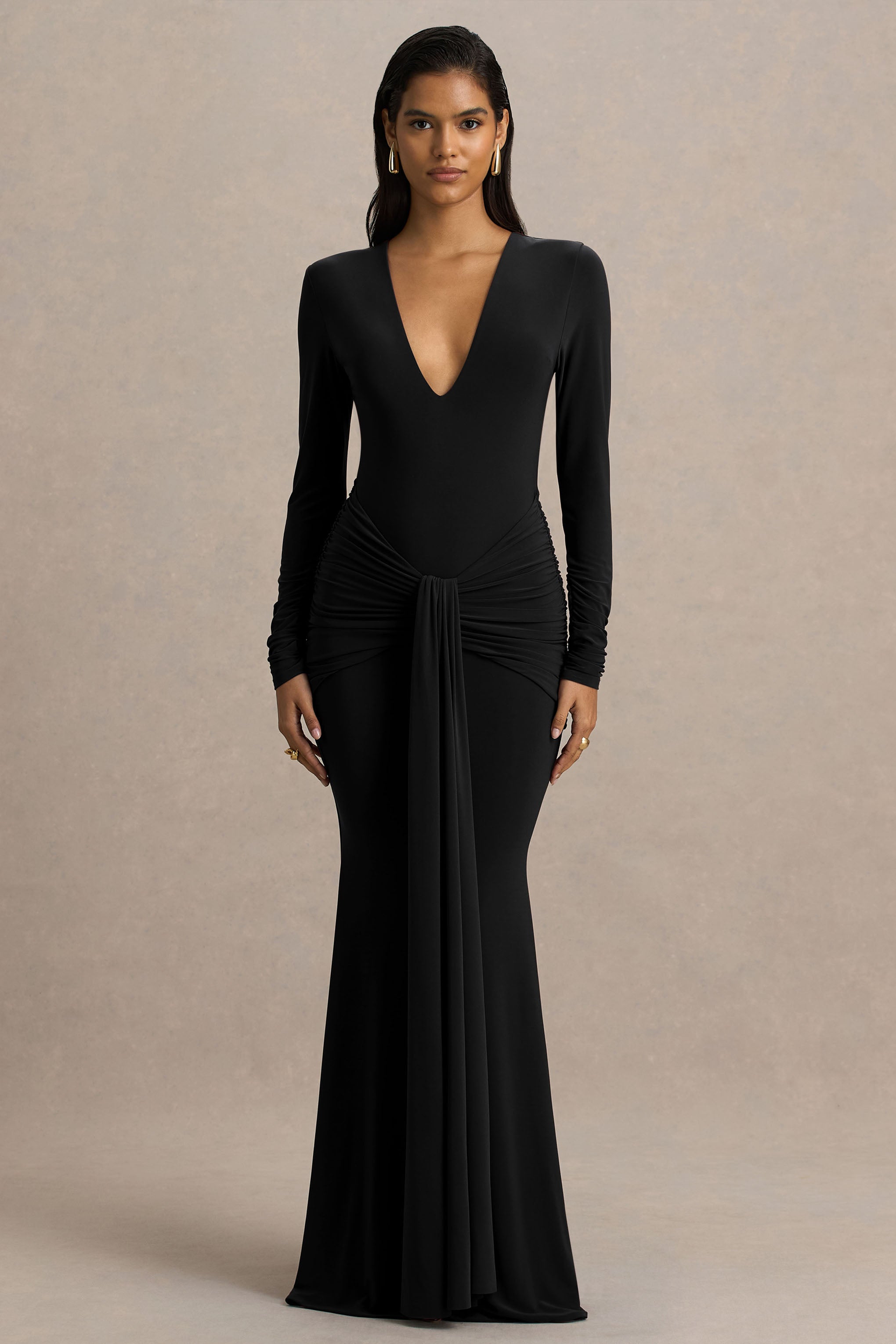 Saffie | Black Extreme-Plunge Wrap Maxi Dress With Long-Sleeves