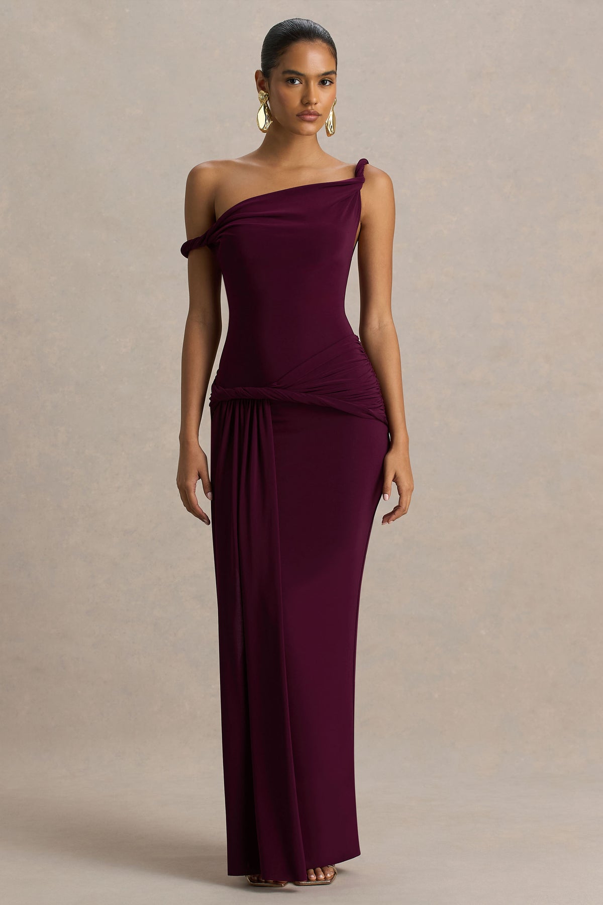 Tulisa | Burgundy Asymmetric-Neck Maxi Dress With Twist Sleeves And Ruched Detailing - UK 10 Burgundy Tulisa | Burgundy Asymmetric-Neck Maxi Dress With Twist Sleeves And Ruched Detailing - UK 10 Burgundy
