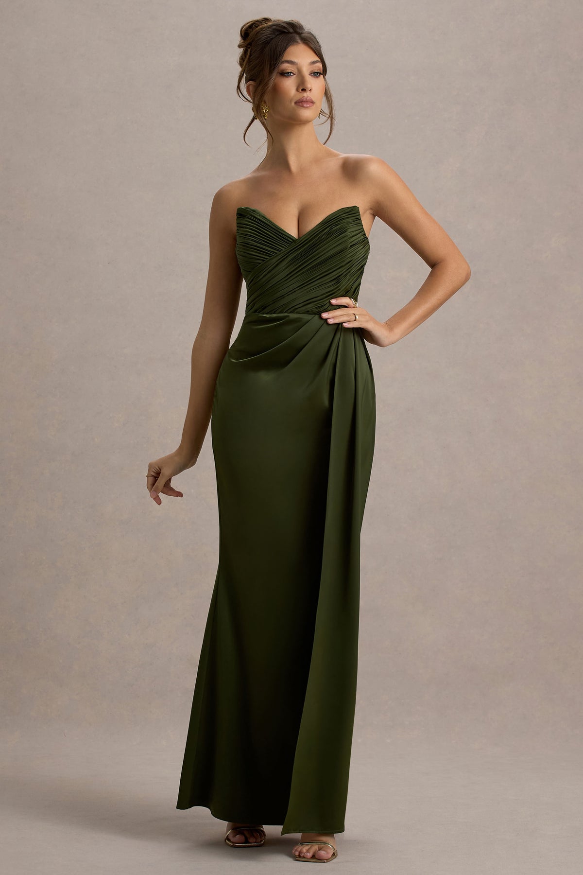 Edel Olive Satin Strapless Maxi Dress With Drape Club L London - USA Edel Olive Satin Strapless Maxi Dress With Drape Club L London - USA