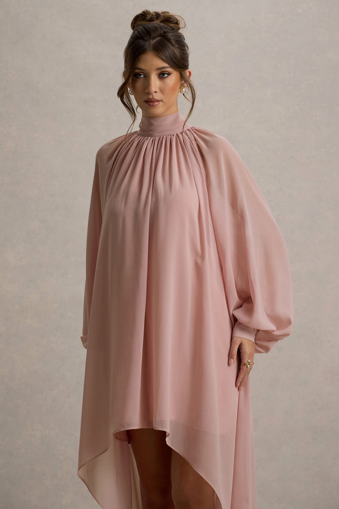 Delphia Pale Pink High-Neck Maxi Dress With High-Low Hem – Club L London