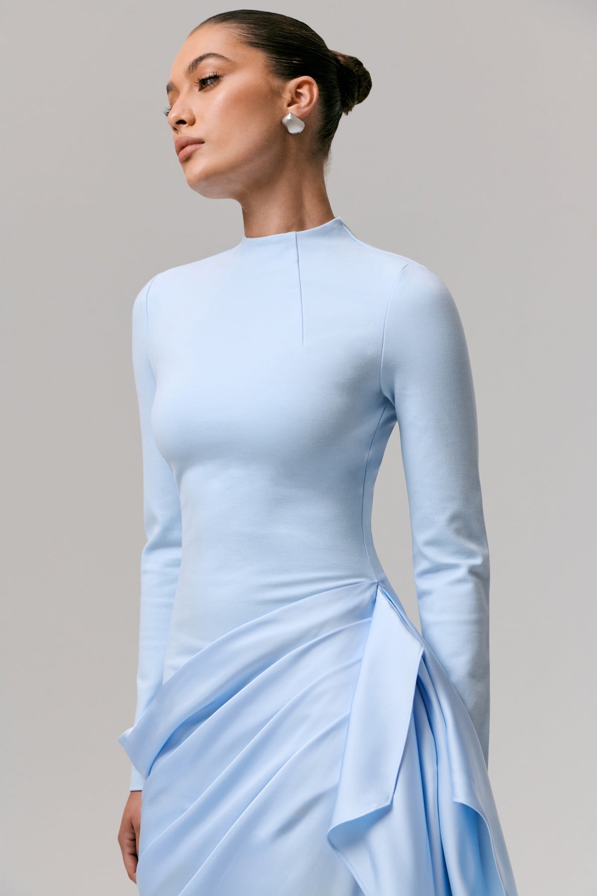 Raffie Powder Blue Long-Sleeve Midi Dress With Satin Wrap Skirt Club L London - USA Raffie Powder Blue Long-Sleeve Midi Dress With Satin Wrap Skirt Club L London - USA