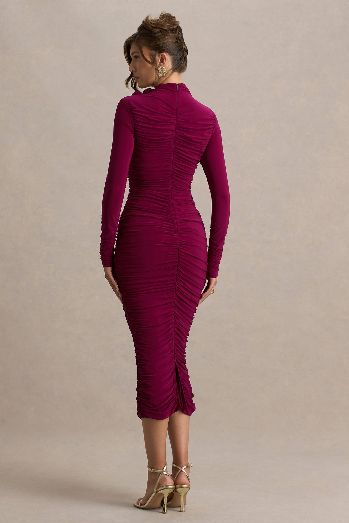 Tamara Burgundy Long-Sleeve Ruched Midi Dress Club L London - USA Tamara Burgundy Long-Sleeve Ruched Midi Dress Club L London - USA