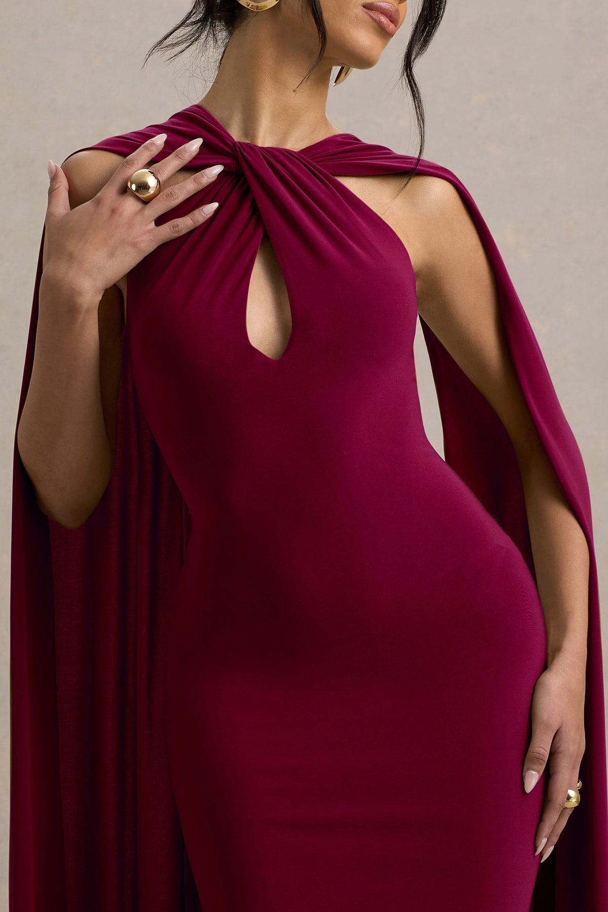 Rhoda | Burgundy Twist Halter-Neck Cape Maxi Dress - UK 12 Burgundy Rhoda | Burgundy Twist Halter-Neck Cape Maxi Dress - UK 12 Burgundy