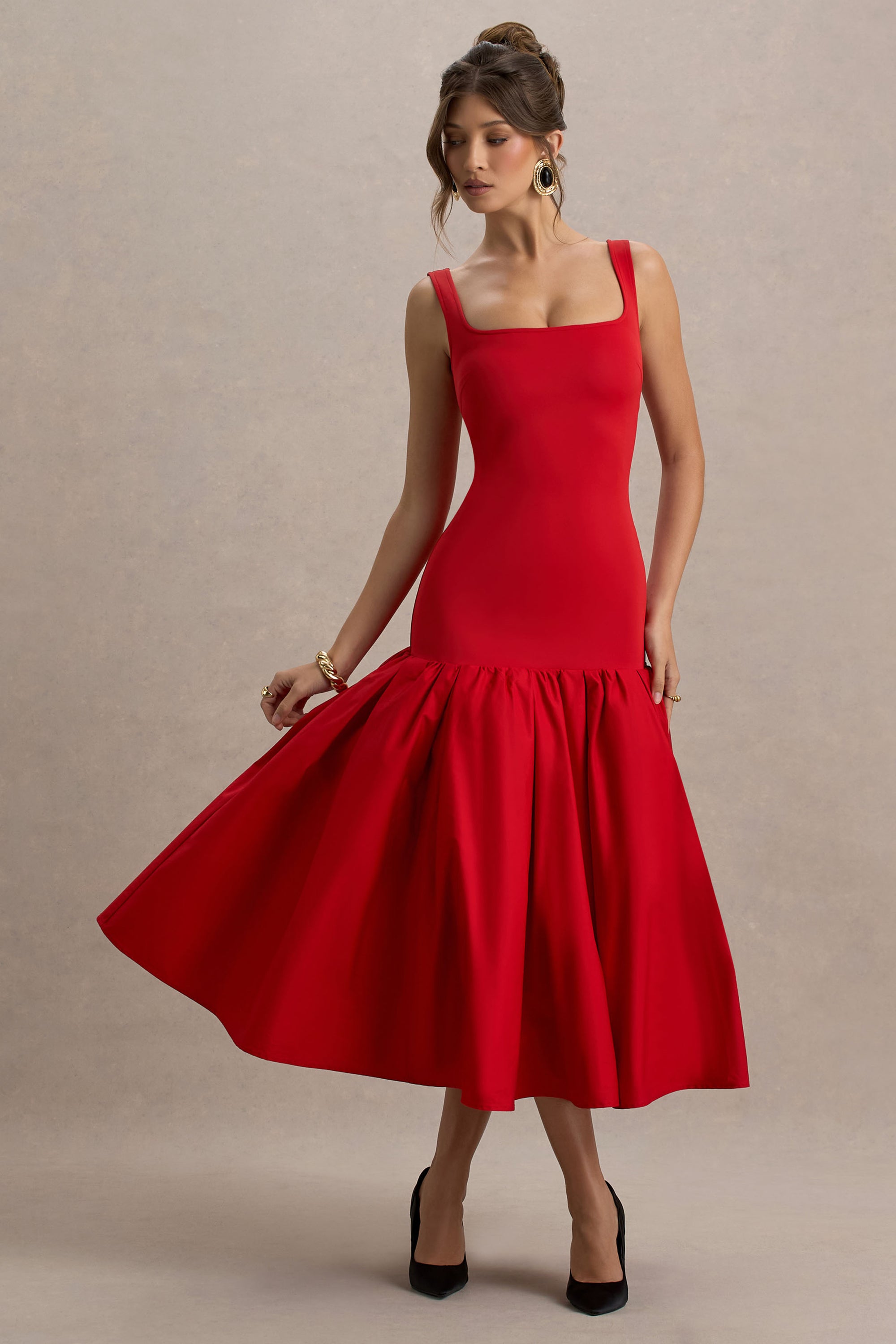 Parida | Red Poplin Drop-Waist Midi Dress With Peplum Hem – Club L London