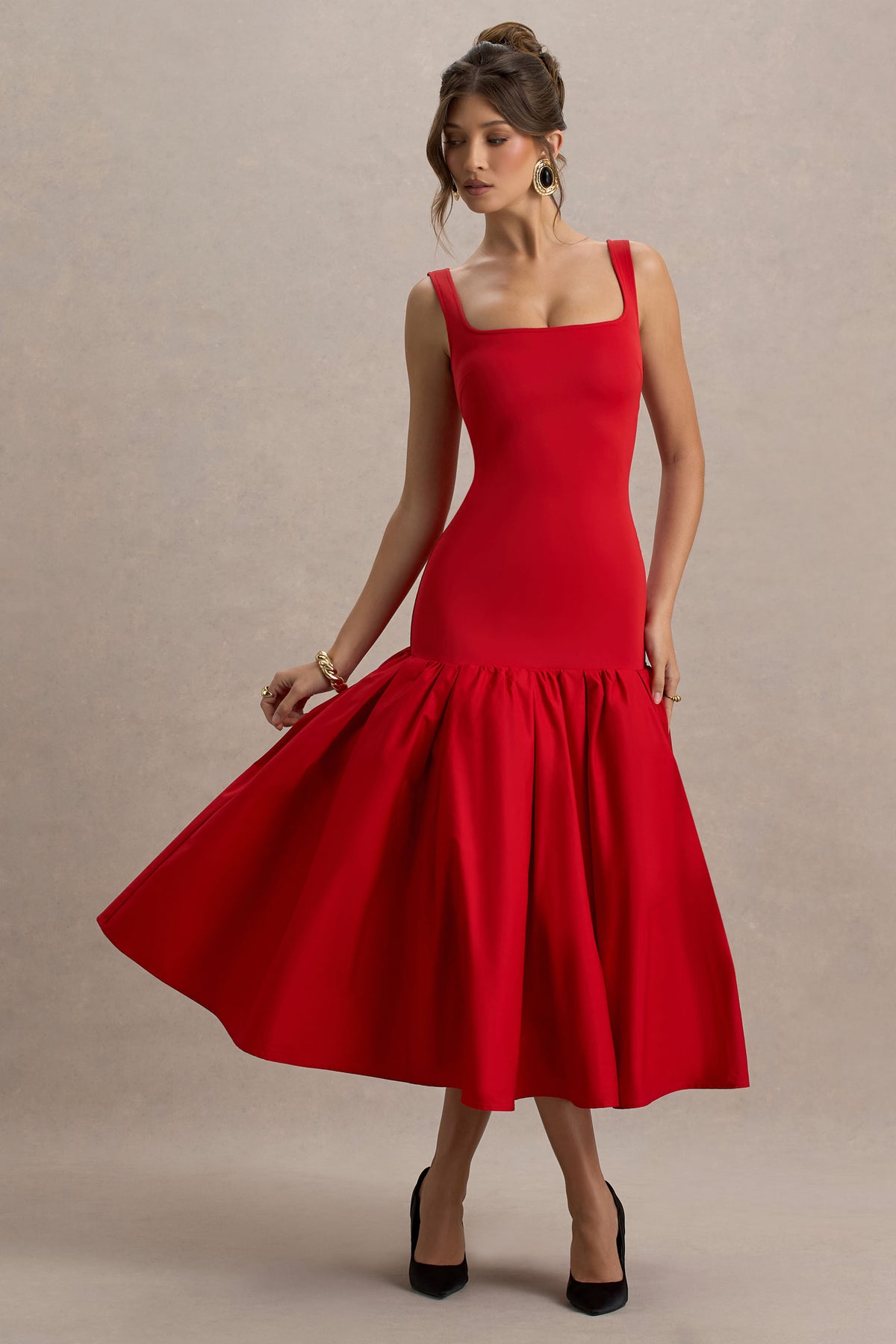 Parida Red Poplin Drop-Waist Midi Dress With Peplum Hem Club L London - USA Parida Red Poplin Drop-Waist Midi Dress With Peplum Hem Club L London - USA