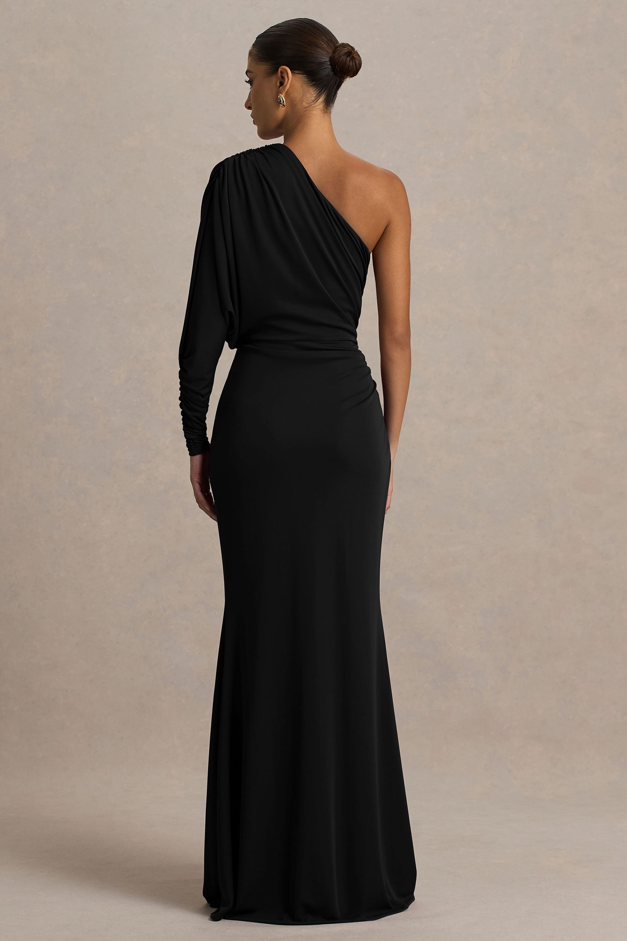 club l london black asymmetric dress Esalina | Black Asymmetric-Neck Maxi Dress With Sash