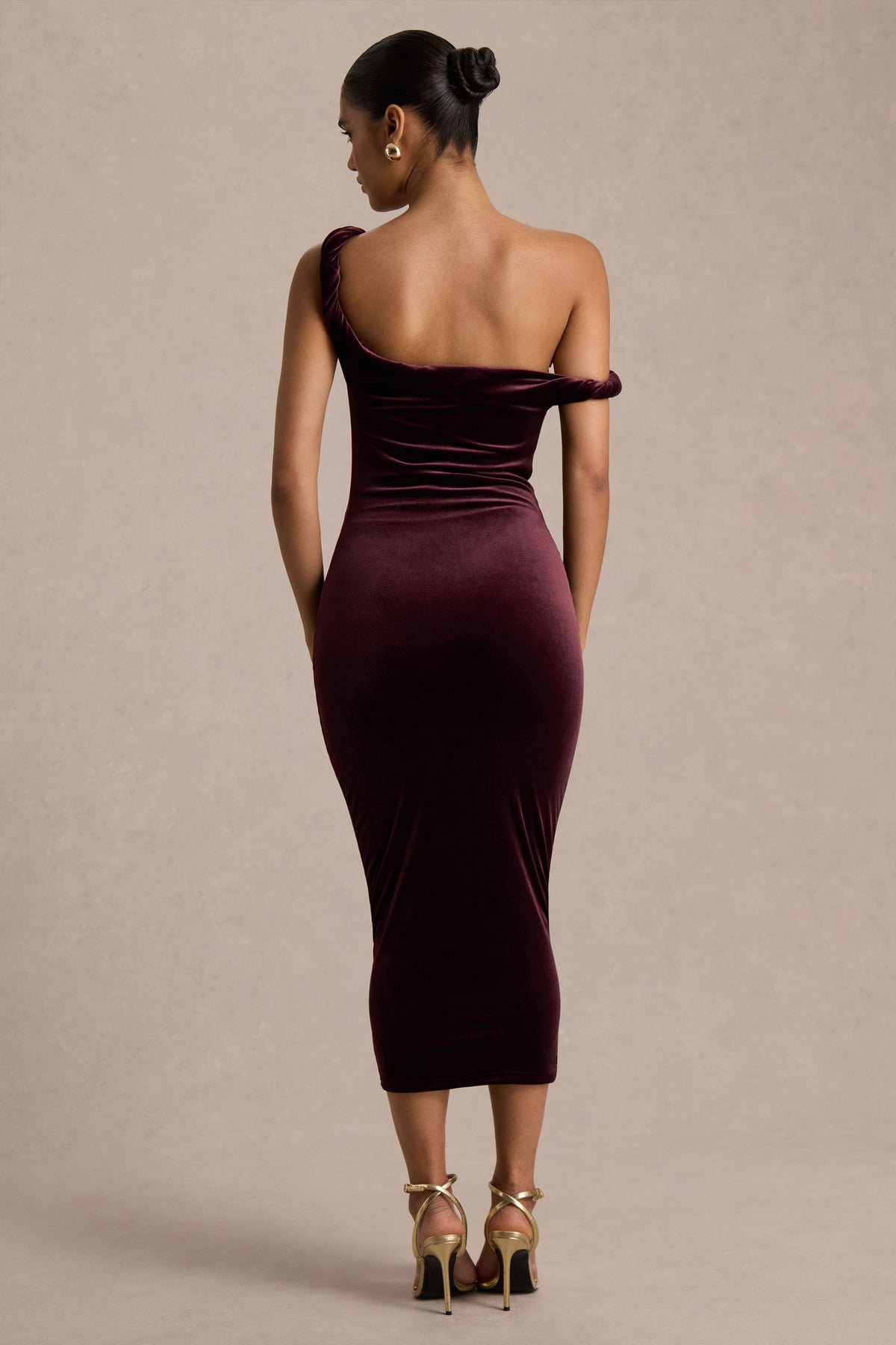 Carella Burgundy Velvet Twisted Asymmetric Midi Dress Club L London - USA Carella Burgundy Velvet Twisted Asymmetric Midi Dress Club L London - USA
