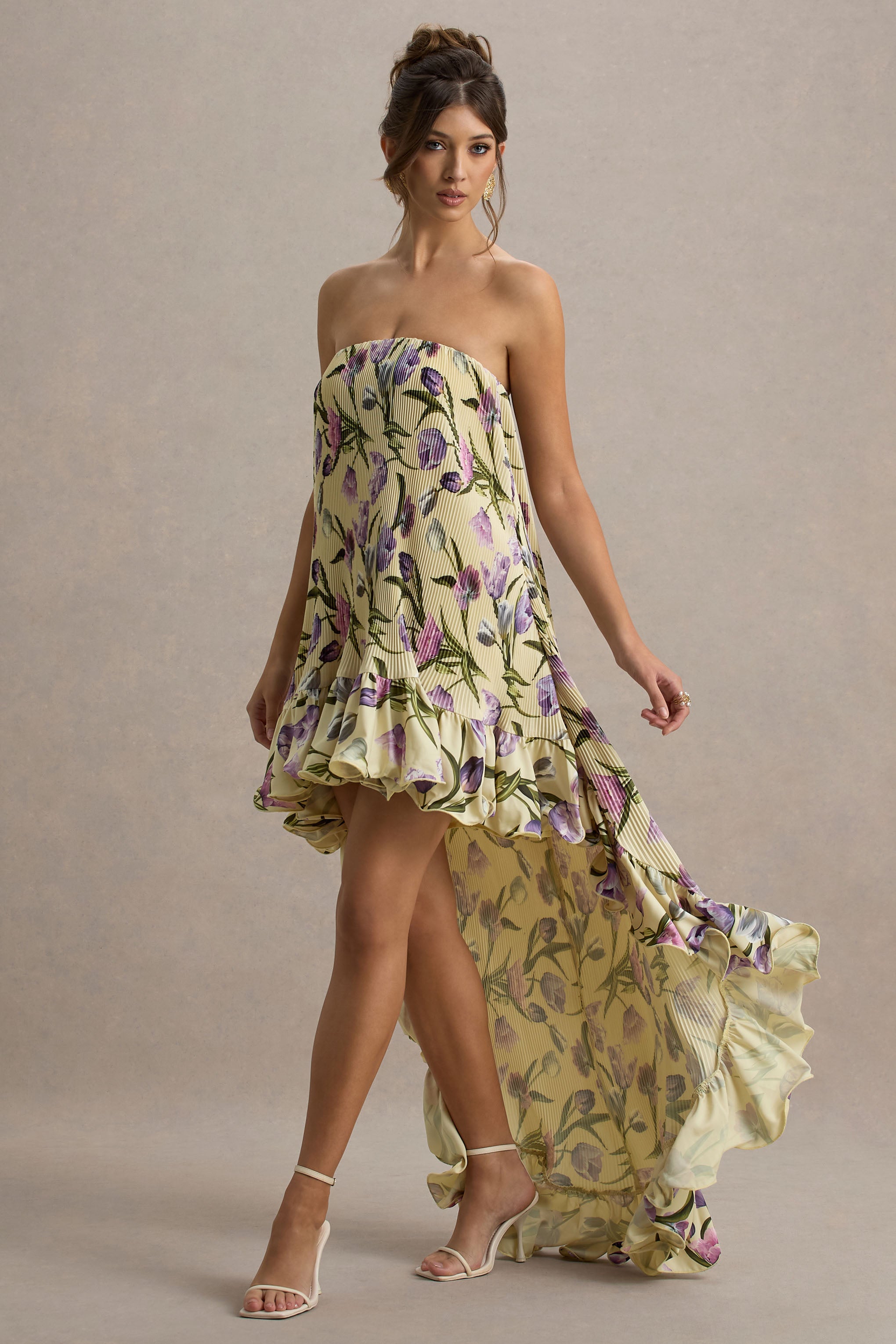 Whistler | Tulip Floral Print Chiffon Bandeau High-Low Ruffled