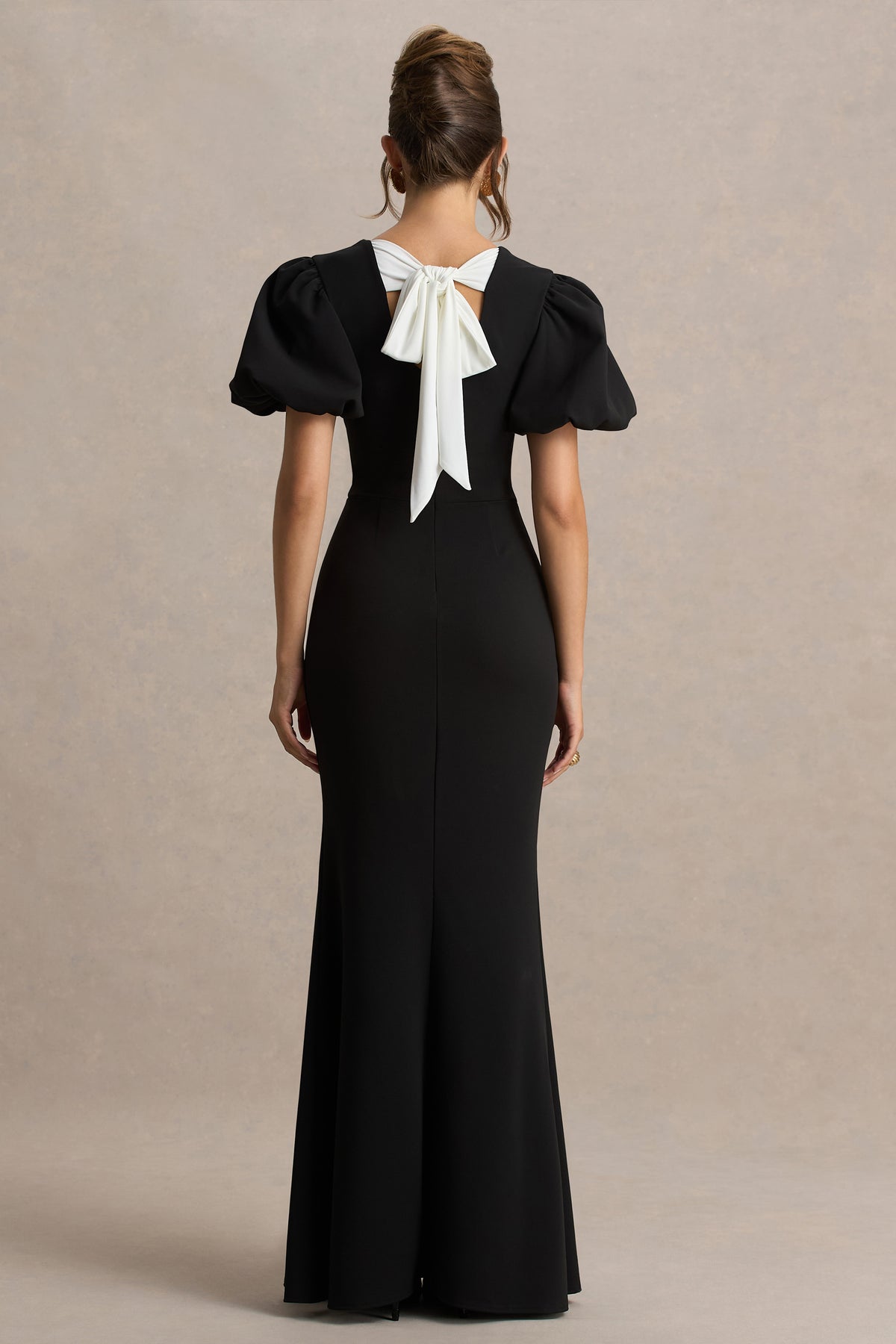 Carolina Black Puff-Sleeve Maxi Dress With White Bow Detail Club L London - USA Carolina Black Puff-Sleeve Maxi Dress With White Bow Detail Club L London - USA