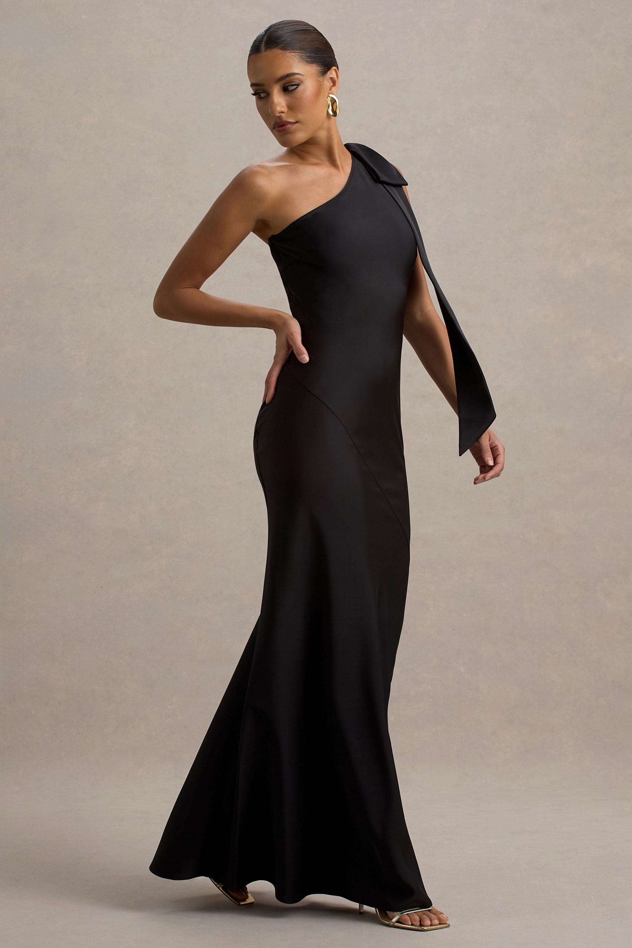 Here For Love | Black Satin Asymmetric Maxi Dress With Bow – Club