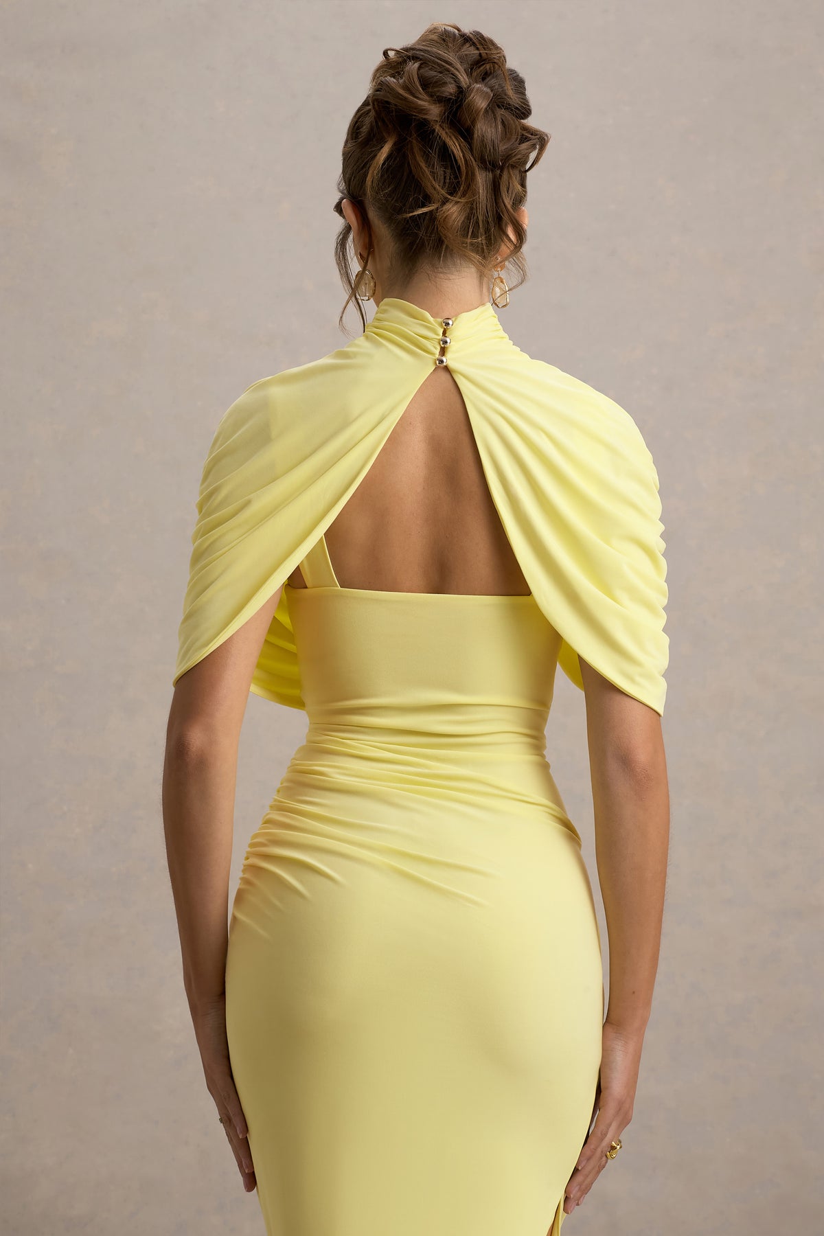 Enchant | Lemon Asymmetric Twisted Cape Midi Dress Enchant | Lemon Asymmetric Twisted Cape Midi Dress