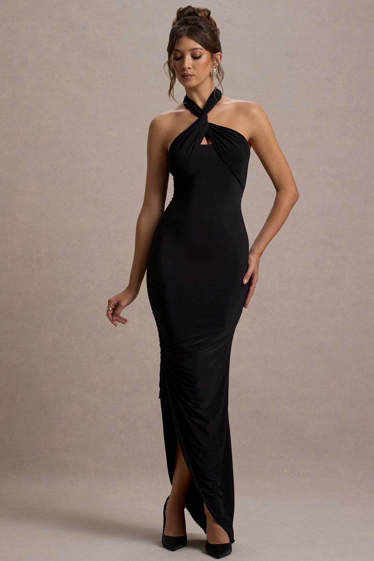 Jaiya Black Ruched Halter-Neck Asymmetric Maxi Dress Club L London - USA Jaiya Black Ruched Halter-Neck Asymmetric Maxi Dress Club L London - USA