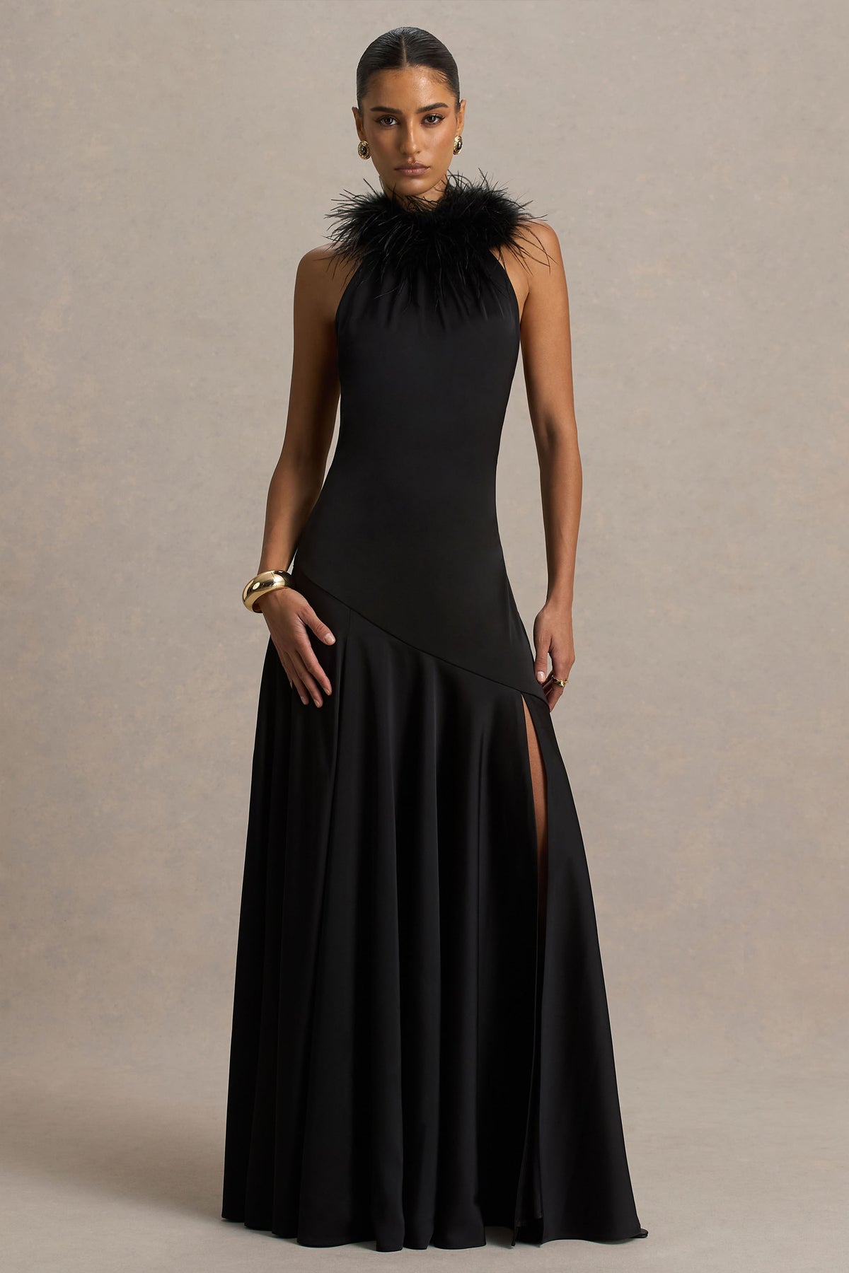 Jemima Black Satin Halter-Neck Maxi Dress With Feather Trim Club L London - USA Jemima Black Satin Halter-Neck Maxi Dress With Feather Trim Club L London - USA
