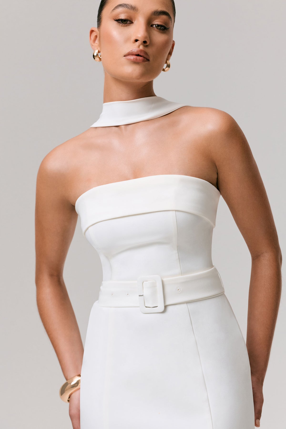 Jaquetta | White Belted Maxi Dress With Pleated Chiffon Skirt