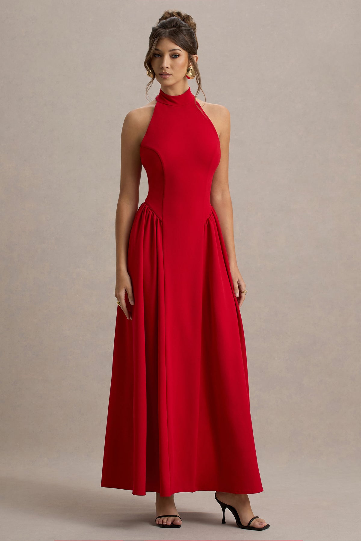Cynthia Red High-Neck Maxi Dress With Volume Skirt Club L London - USA Cynthia Red High-Neck Maxi Dress With Volume Skirt Club L London - USA