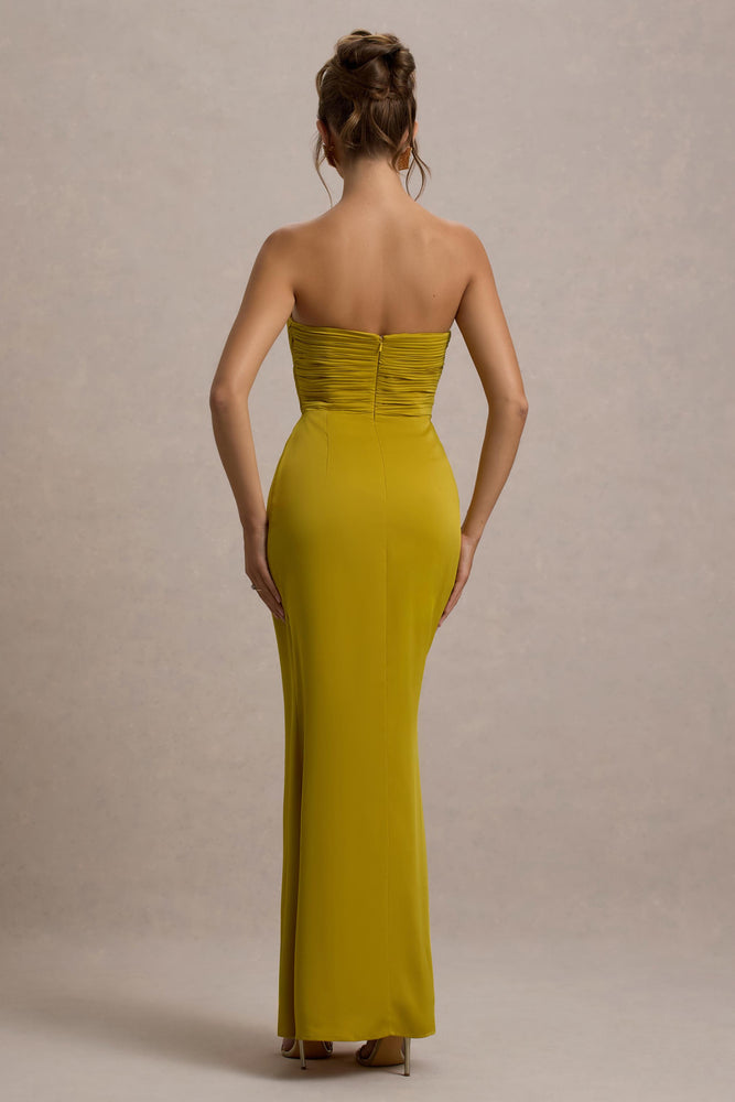 パーティードレス Strapless Yellow Cocktail Dress Edel Mustard Satin Strapless Maxi Dress With Drape – Club L