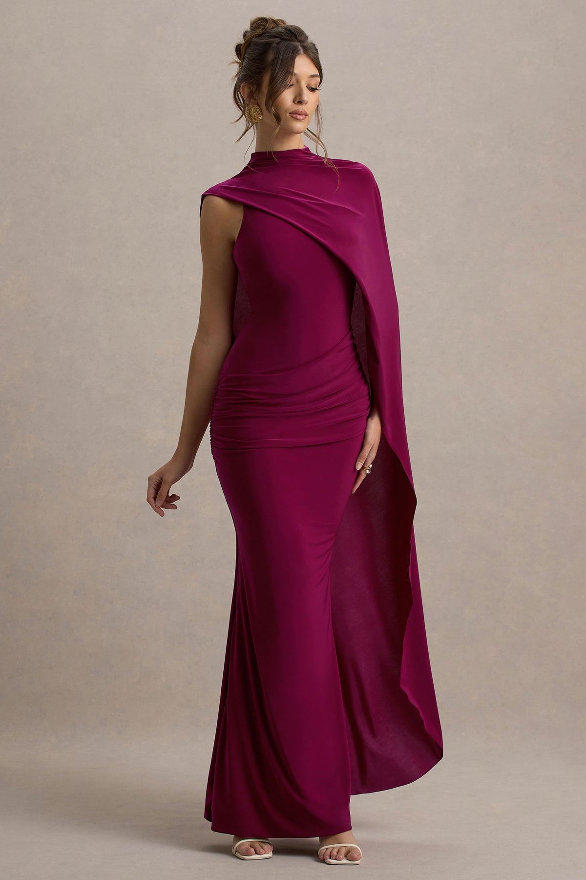 Maeve | Burgundy Cape-Sleeve Draped Maxi Dress - UK 12 Burgundy Maeve | Burgundy Cape-Sleeve Draped Maxi Dress - UK 12 Burgundy
