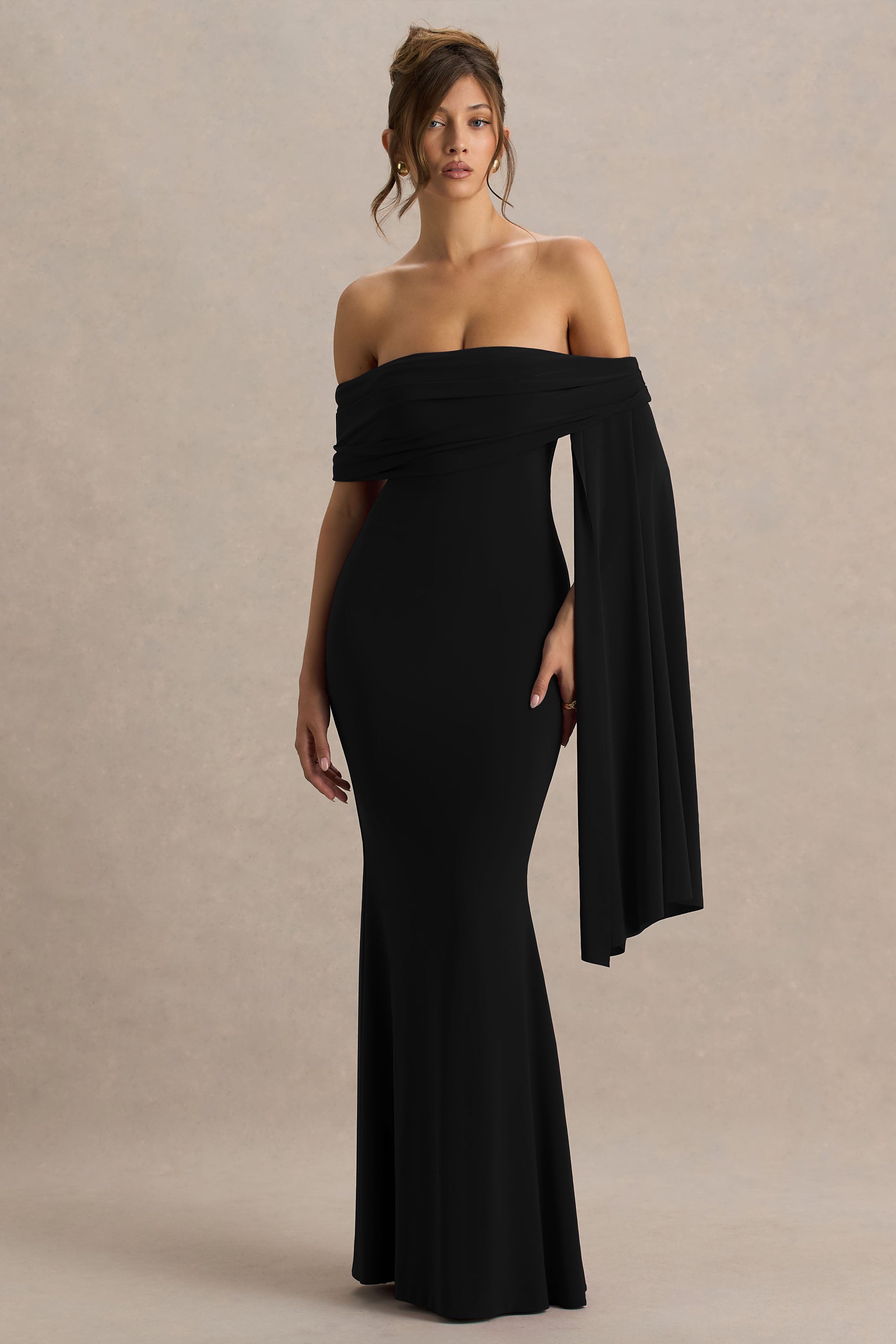 Saffina | Black Bardot-Neck Maxi Dress With Sash Detail – Club L