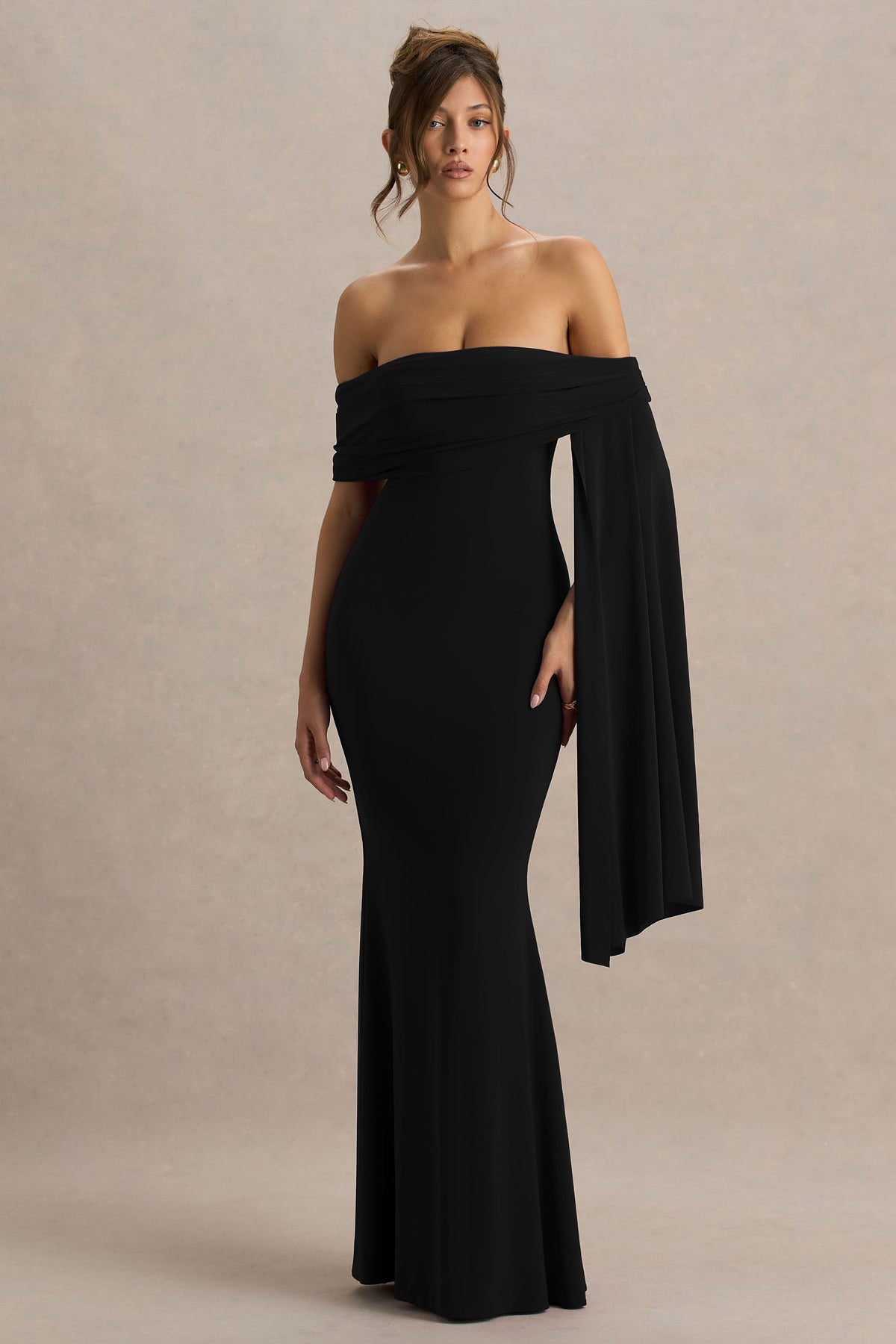 Saffina | Black Bardot-Neck Maxi Dress with Sash Detail - UK 14 Black Saffina | Black Bardot-Neck Maxi Dress with Sash Detail - UK 14 Black
