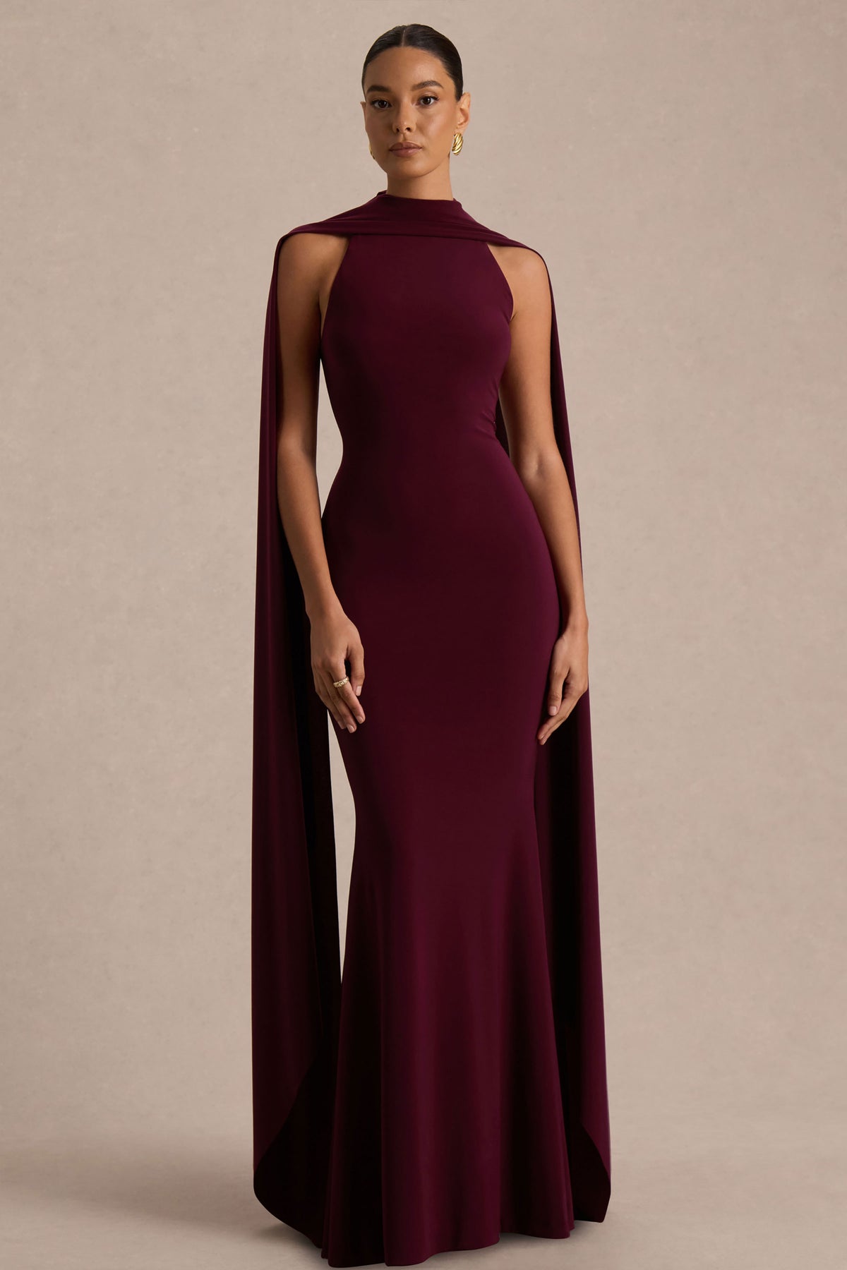Cordy | Burgundy High-Neck Maxi Dress With Scarf-Detail - UK 14 Burgundy Cordy | Burgundy High-Neck Maxi Dress With Scarf-Detail - UK 14 Burgundy