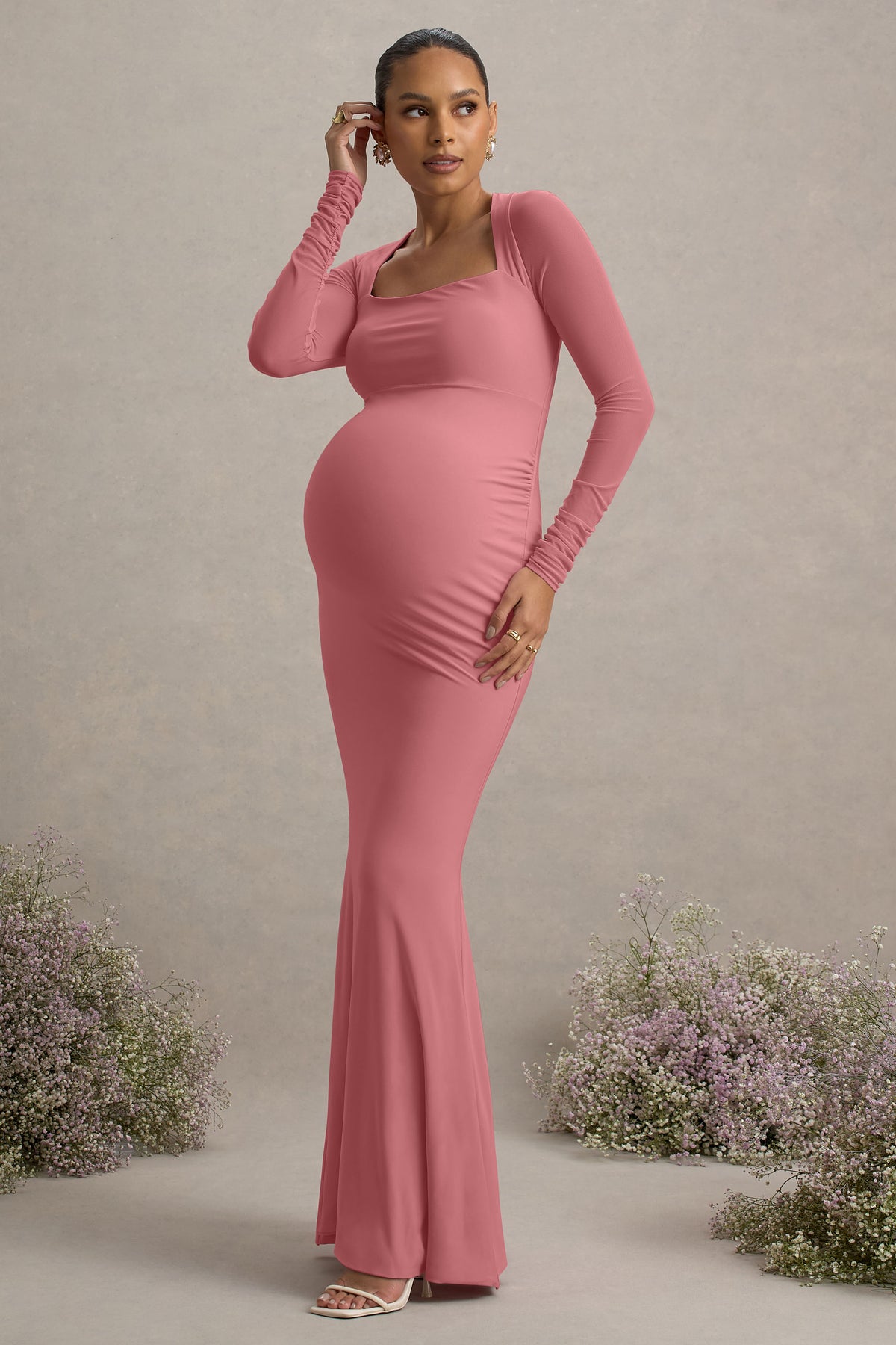 Abeam | Blush Pink Maternity Maxi Dress with Sheer Sleeves - UK 10 Blush Pink Abeam | Blush Pink Maternity Maxi Dress with Sheer Sleeves - UK 10 Blush Pink