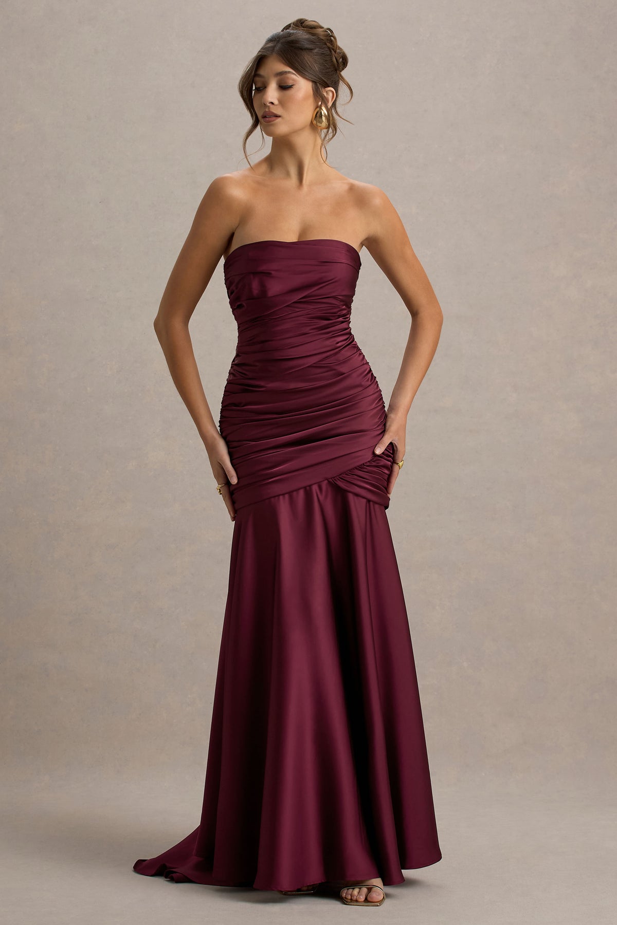 Cassidy Burgundy Satin Bandeau Gathered Maxi Dress Club L London - USA Cassidy Burgundy Satin Bandeau Gathered Maxi Dress Club L London - USA