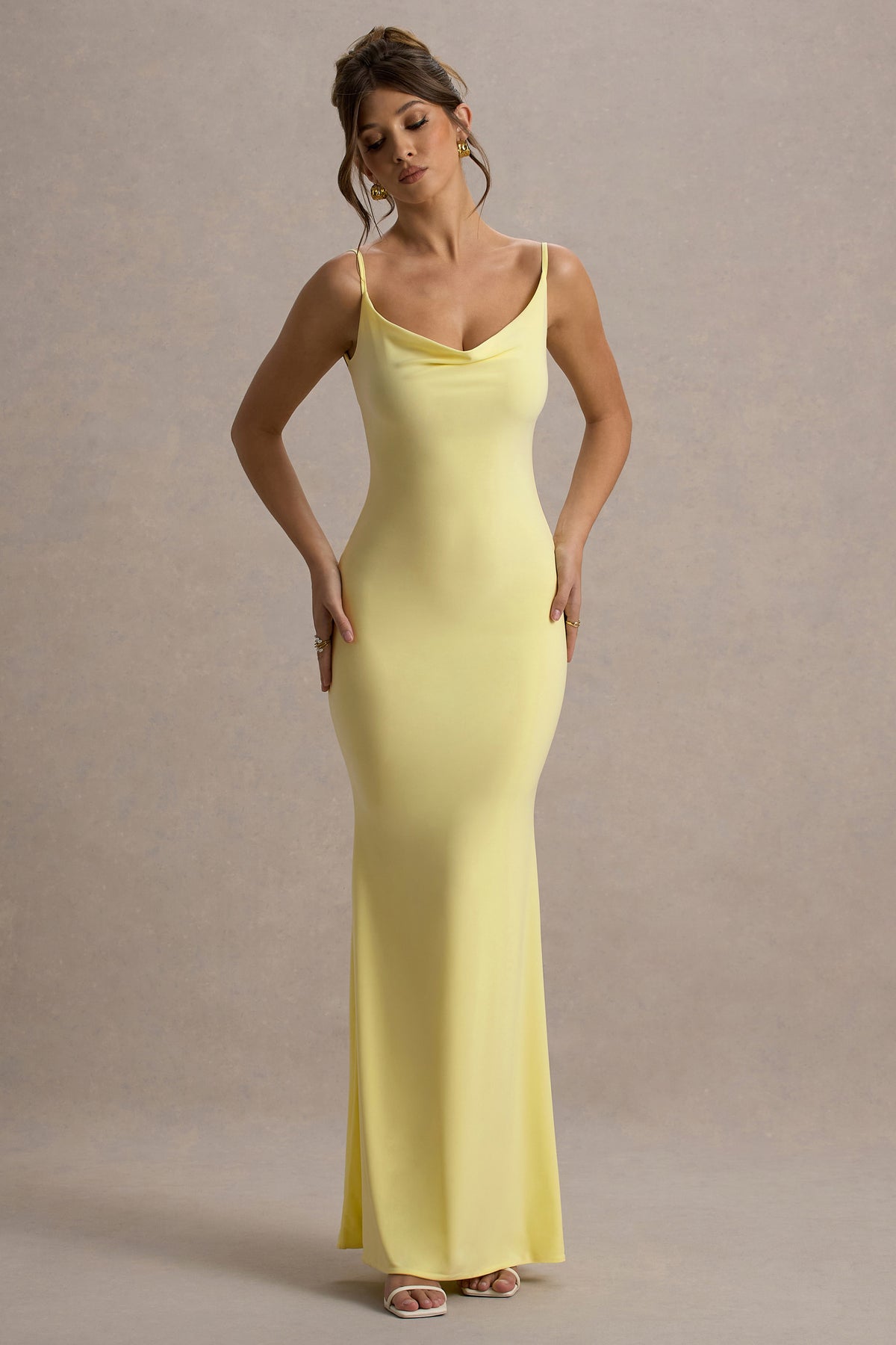 Francoise | Lemon Cowl Neck Backless Maxi Dress With Lace Insert
