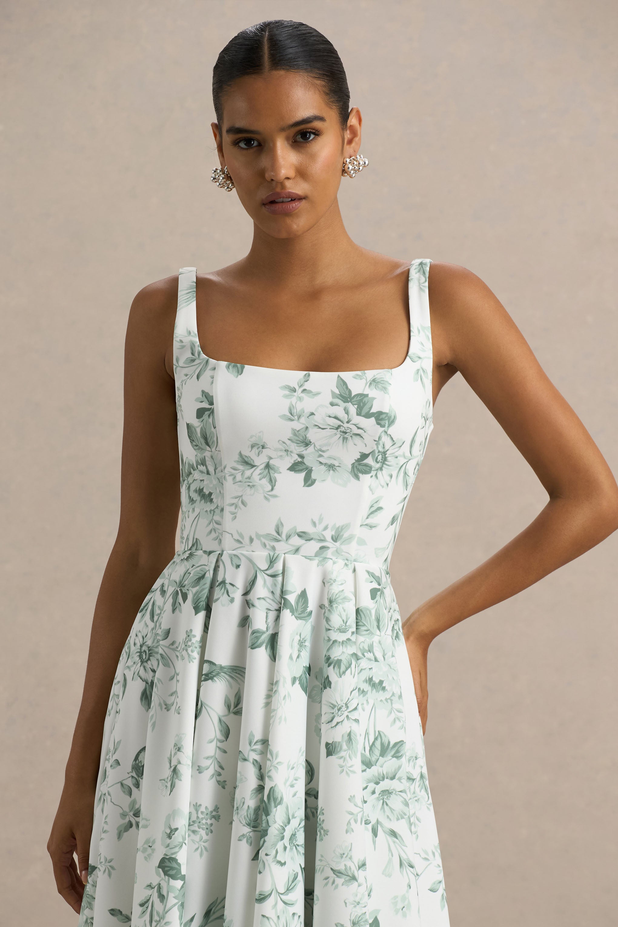 Lissa | Green Porcelain Print Square-Neck Midi Dress – Club L