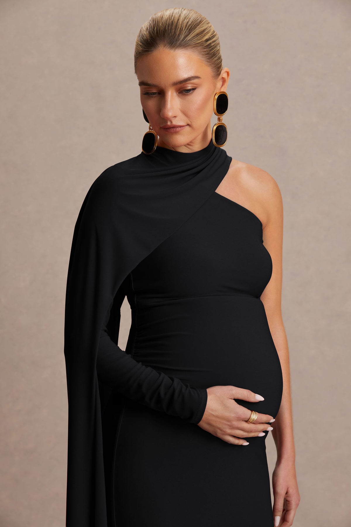 black dresses maternity Tessy | Black Asymmetric-Neck Maternity Maxi Dress With Cape-Sleeve