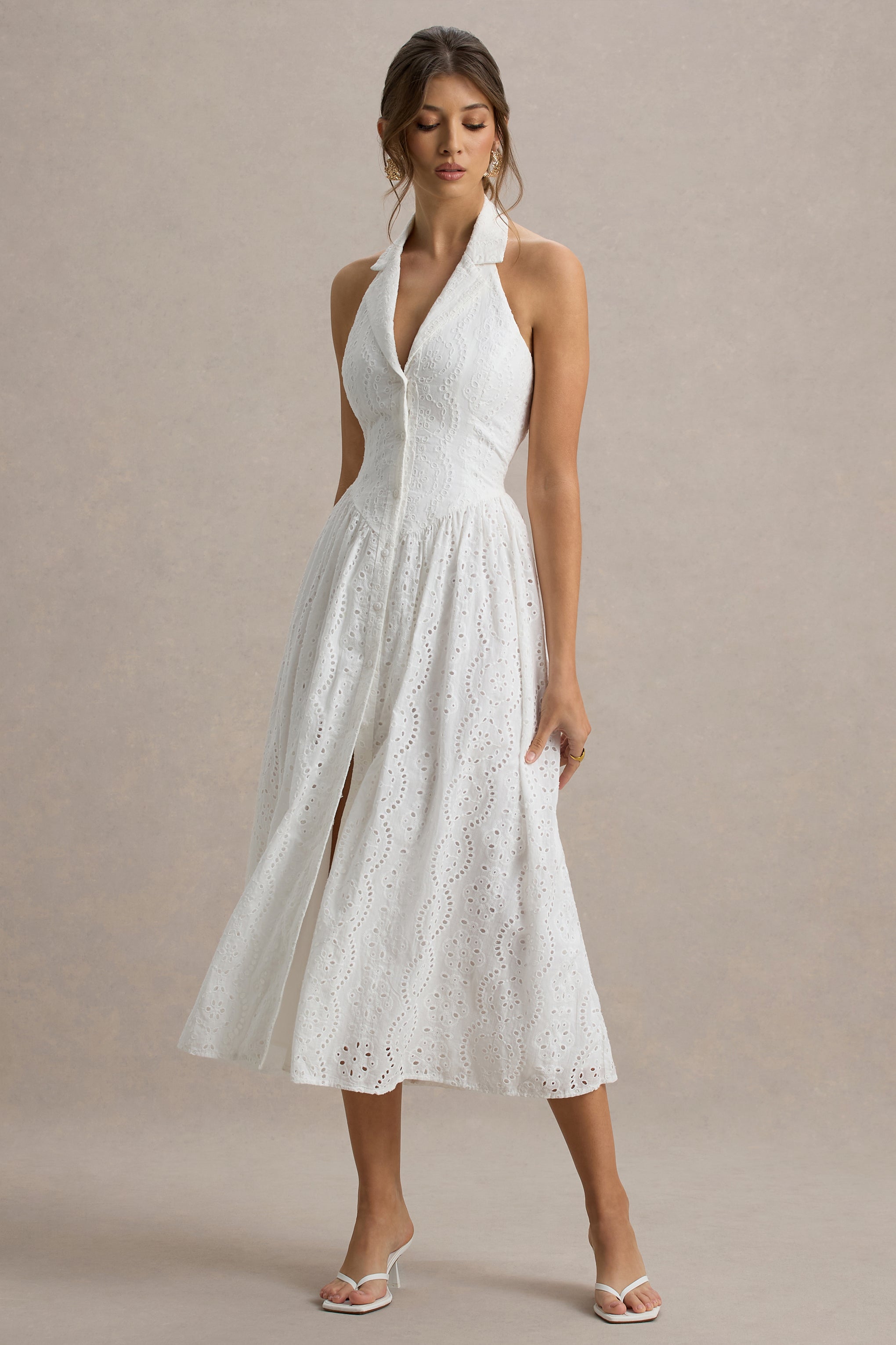 Jezebel | White Lace Plunge-Neck Collared Midi Dress – Club L