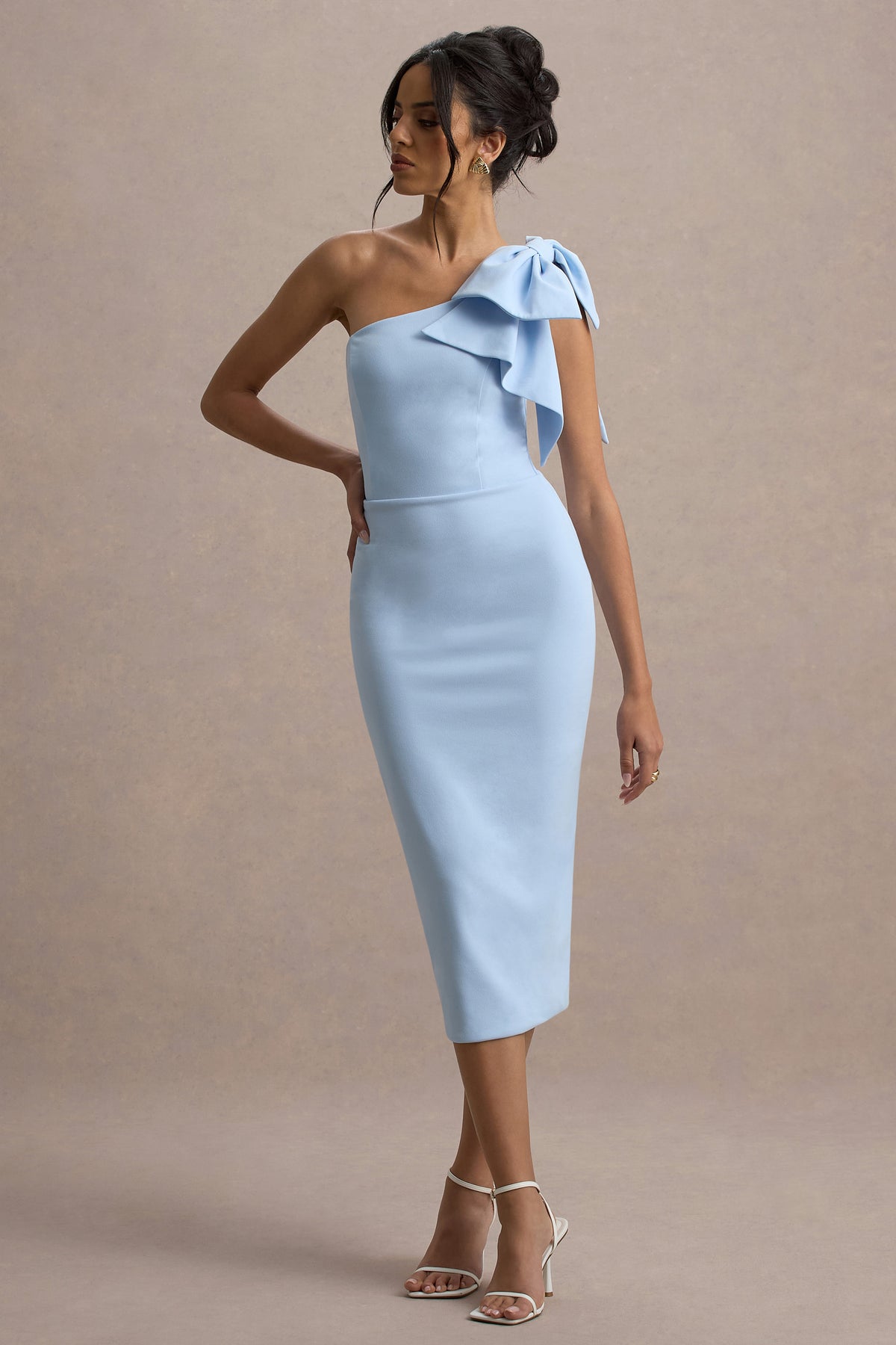 Ambretta Powder Blue One-Shoulder Midi Dress With Bow Club L London - USA Ambretta Powder Blue One-Shoulder Midi Dress With Bow Club L London - USA