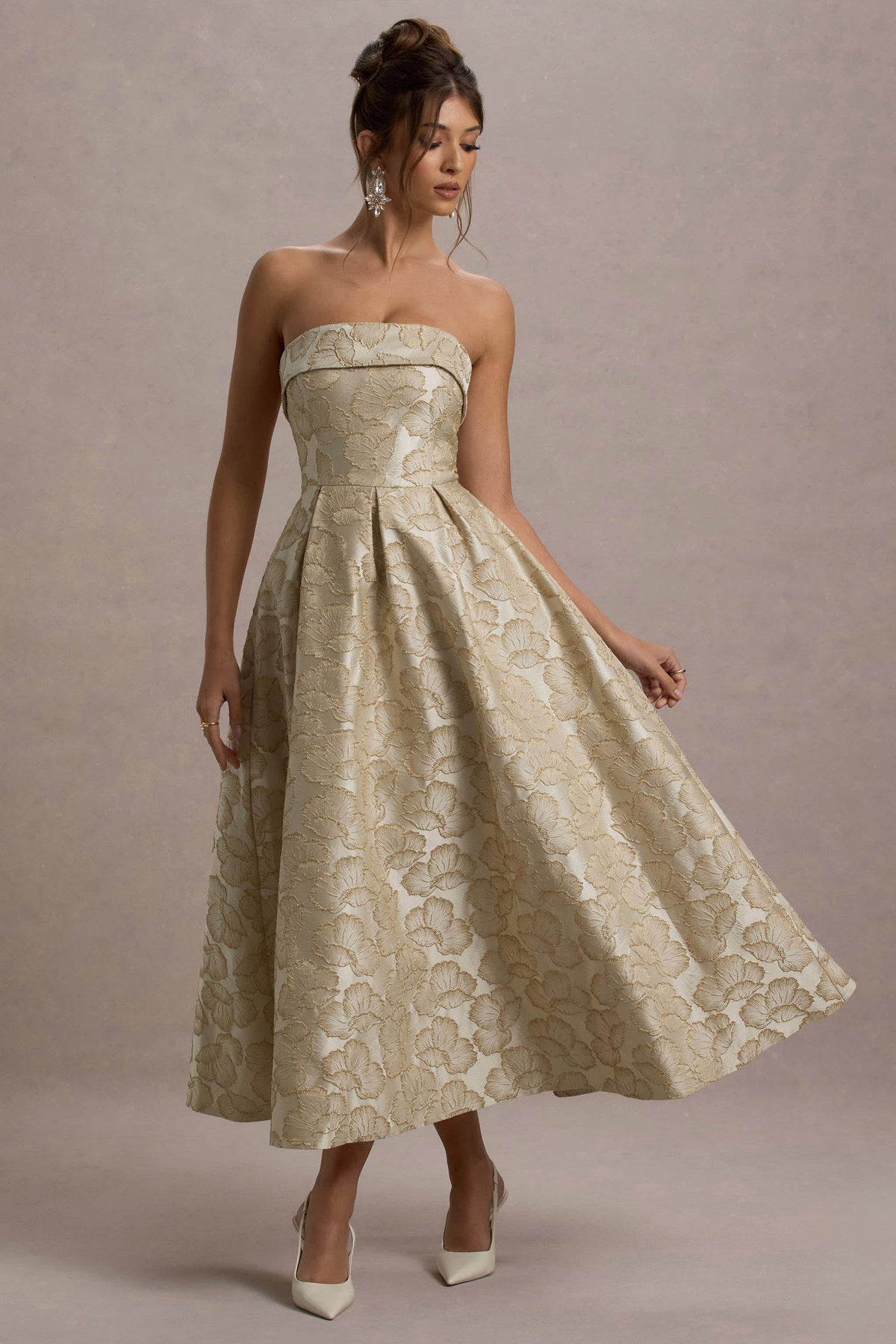 Zuma Gold Metallic Jacquard Strapless Midi Dress Club L London - USA Zuma Gold Metallic Jacquard Strapless Midi Dress Club L London - USA
